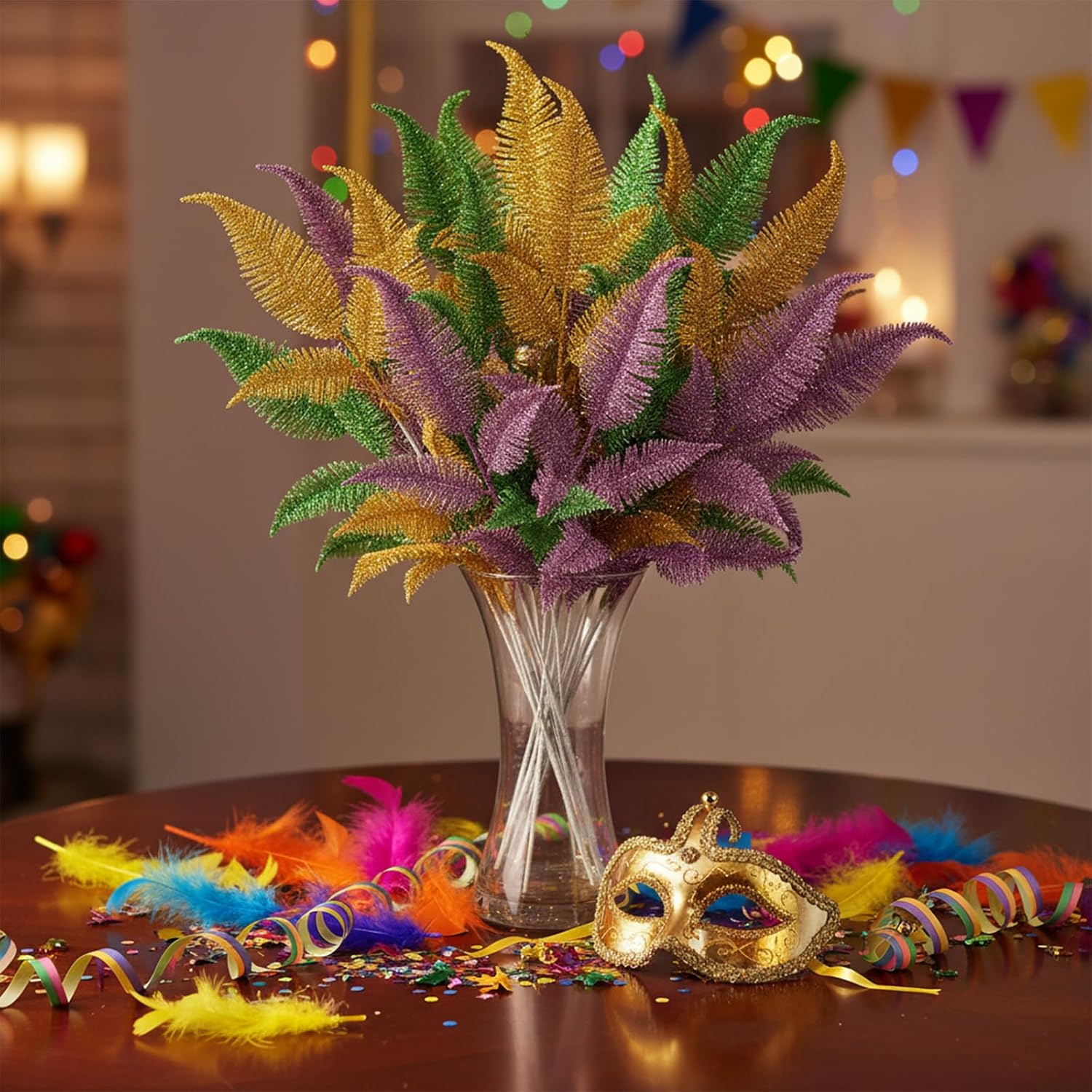 18 Pcs Mardi Gras Picks and Sprays – 17" Purple Green Gold Glitter Floral Picks, Gold Berry Stems & Leaf Stems for Mardi Gras Centerpieces, Tree Decorations, Vase Fillers Party Decor