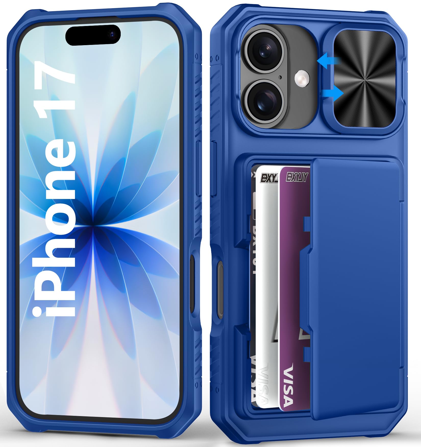 Photo 1 of BXYJY for iPhone 17 Case Wallet with Card Holder (4-5 Cards), Slide Camera Cover, Military Grade Shockproof, Heavy Duty Shockproof Rugged Women Men Phone Case for iPhone 17 6.3" 2025, Roral Blue