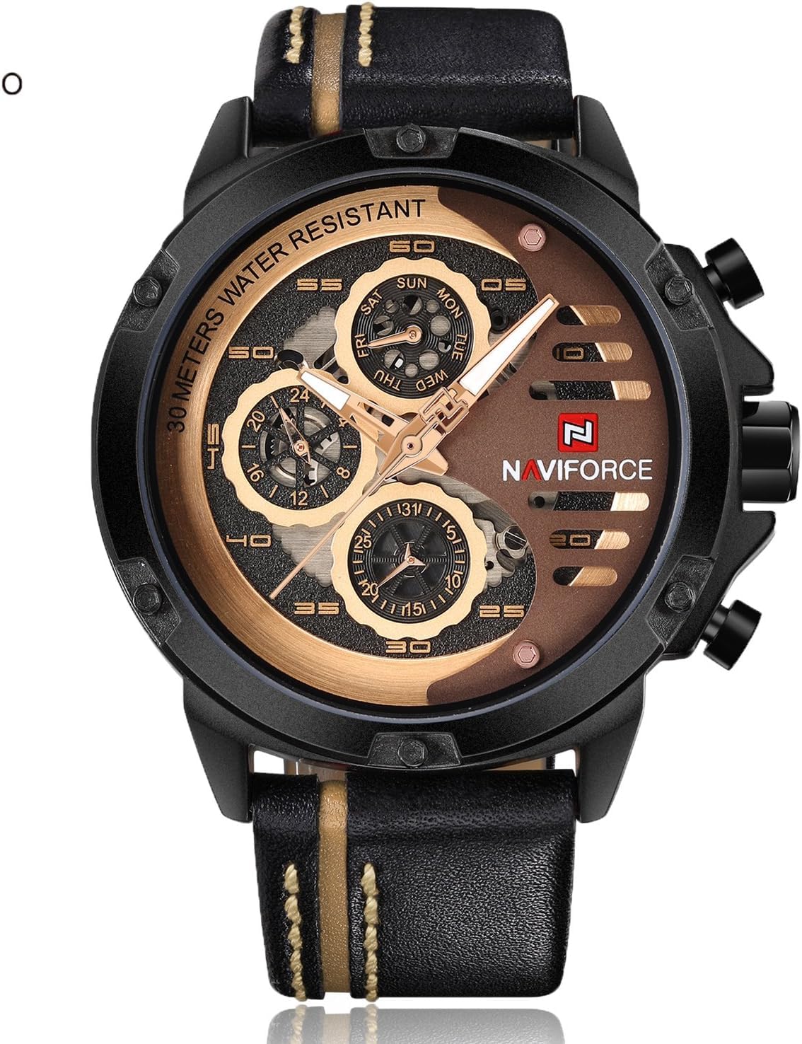 NAVIFORCE Orologio sportivo militare da uomo, impermeabile, analogico, al quarzo, cinturino in pelle, con data e calendario