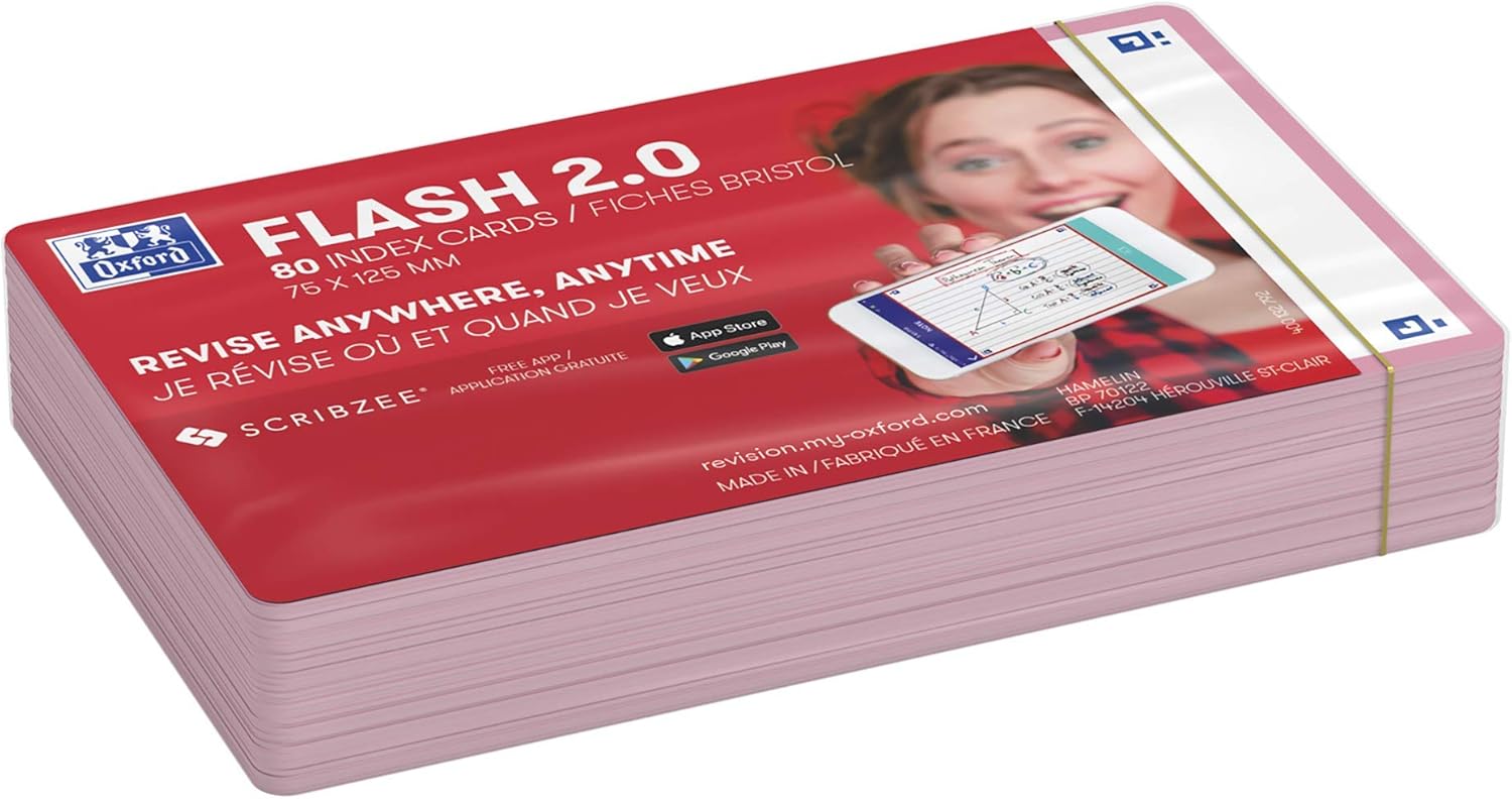 Oxford Flash 2.0-80 Sheets of Bristol Flash Cards 7.5 x 12.5 cm Plain White Background Pink Frame