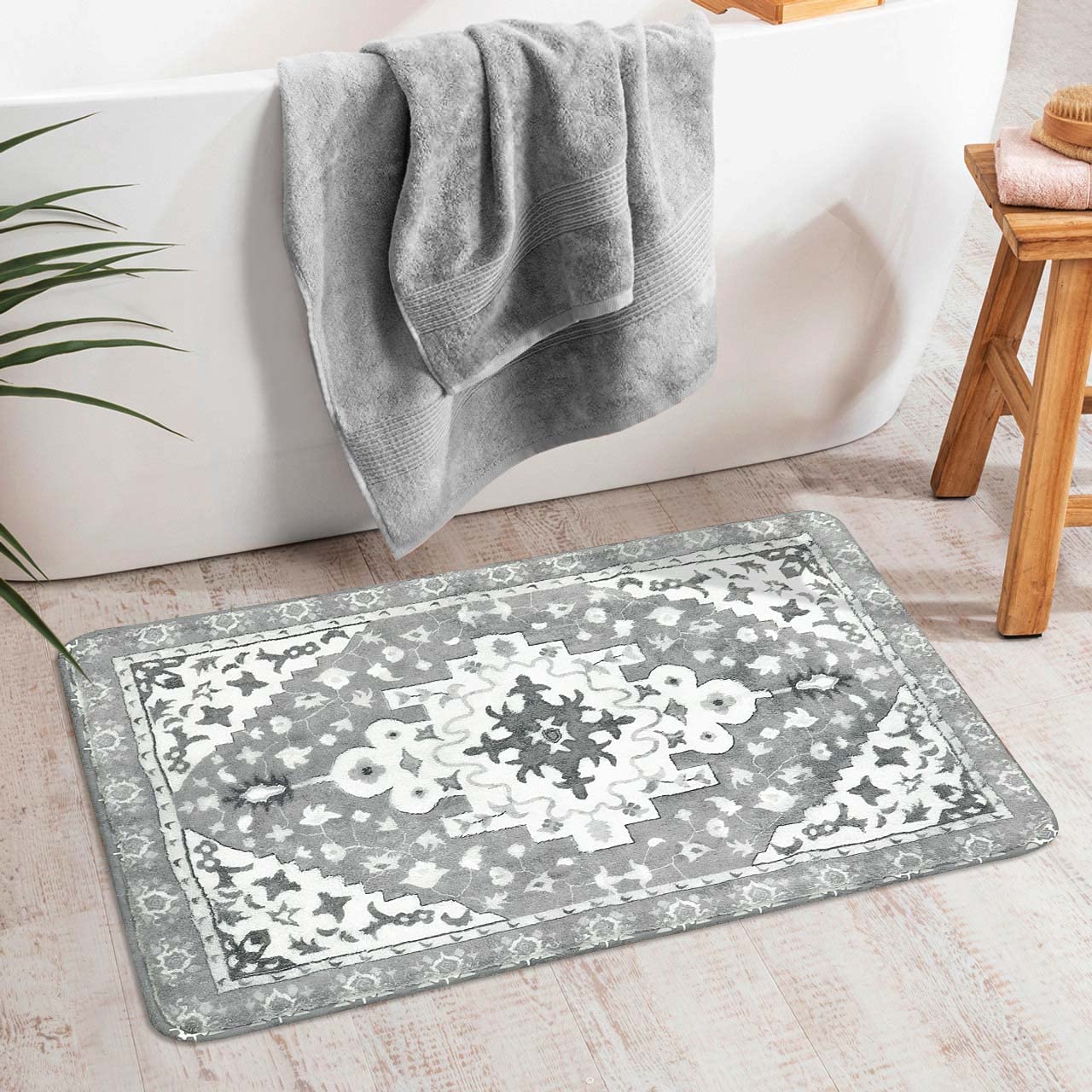 Uphome Boho Retro Bathroom Rug Gray Non-Slip Soft Bath Rug Machine Washable Oriental Persian Bathroom Mat Traditional Farmhouse Floral Floor Mats for Bathtub Shower Toilet, 20x31 inch