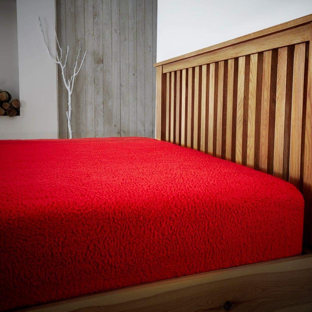Pinkfairy Red Premium Quality Teddy Bear Plain Fitted Sheet, Soft & Cosy Fleece Bed Linens, Easycare Bedding Bedsheets (Double, )