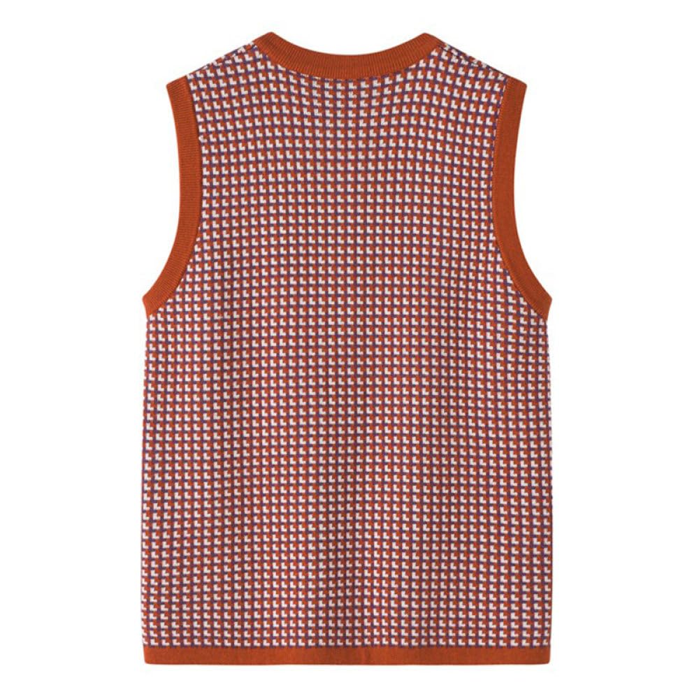 Damen Kaschmirpullover,Ärmellos,V Ausschnitt,Gitter Strickweste,Vintage Orange Strick Cardigan Mit Knöpfen,Westen,Jacke,Tank Top,Lässige Streetwear Westen Mit Tasche