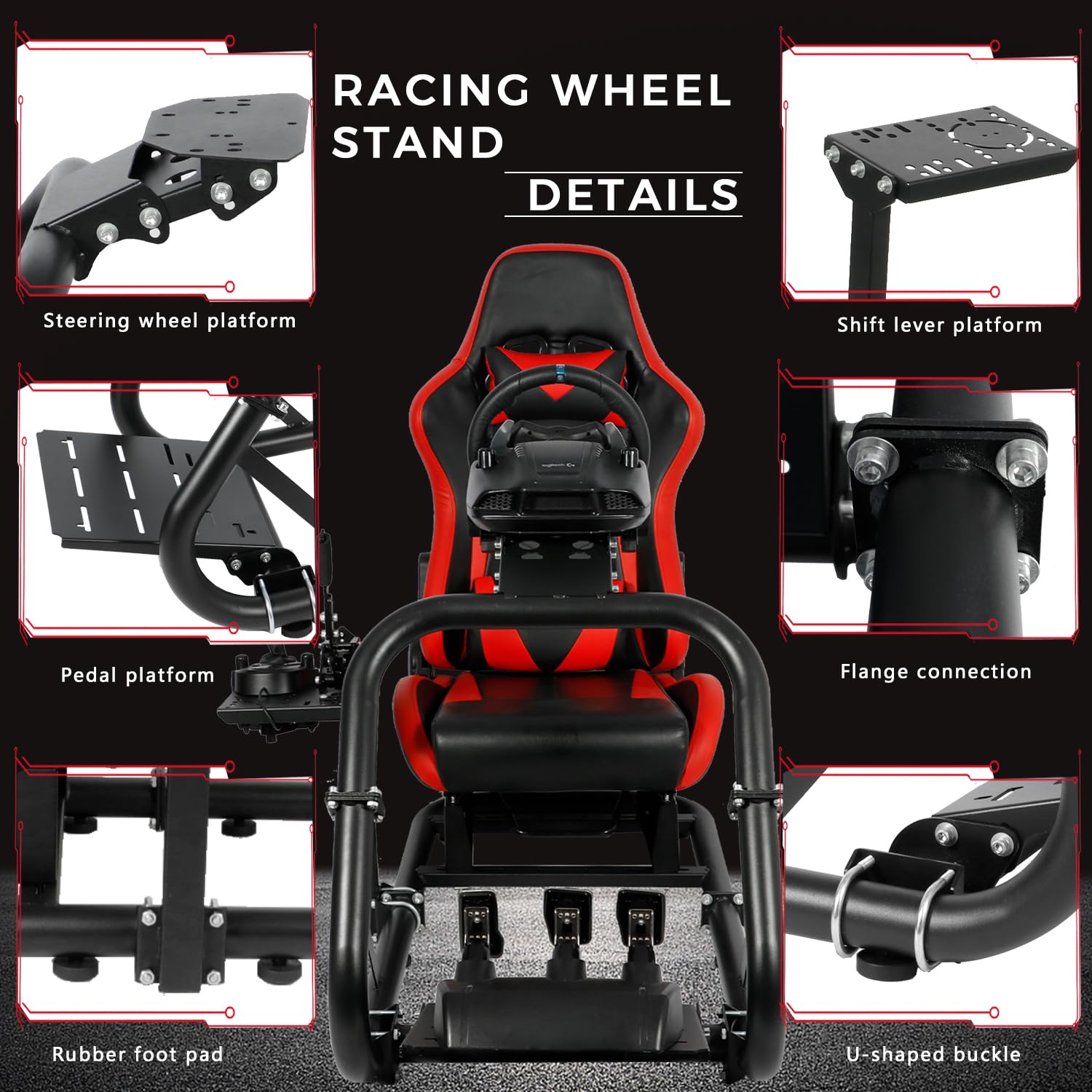 Hottoby Racing Simulator Cockpit with Red Seat 50mm Thick Tube Gaming Frame fits for Logitech/Thrustmaster/Fanatec G27 G29 G923 T300RS TX race car seat,Not Included Shifter,Steering Wheel & Pedals