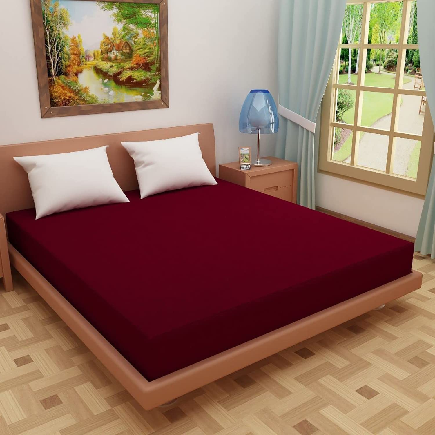 Kuber Industries Waterproof Double Bed Mattress Cover|Breathable Terry Cotton Surface & Elastic Fitted Mattress Protector,6 x 6.5 Ft. (Maroon) (Pack of 1)