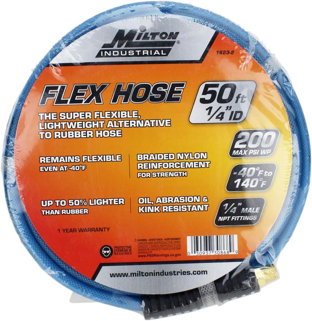 Milton (1623-2) FLEX HOSE Reinforced Polyurethane Air Hose 50 ft. x 1/4” ID, 200 PSI, Lightweight Hybrid Air Compressor Hose w/ ¼” MNPT brass fitting, Cold Weather Flexible, Bend Restrictor – Blue