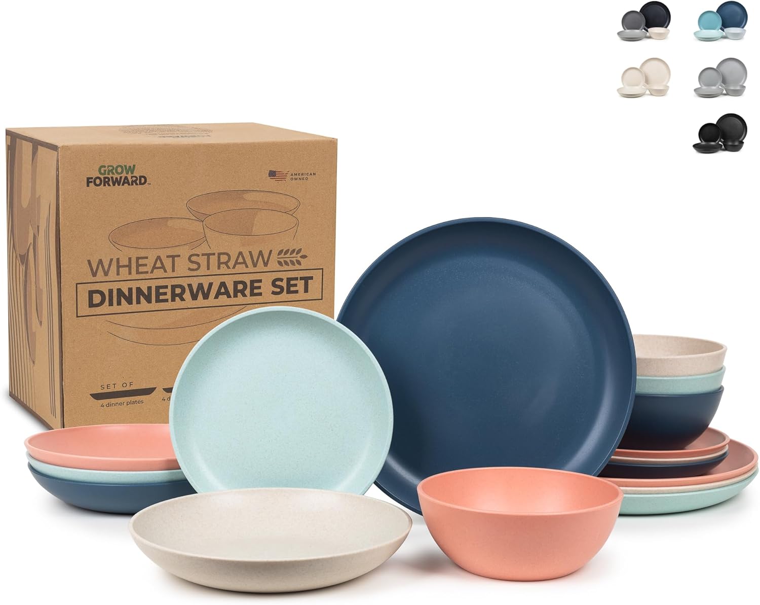 Grow Forward 16-piece Premium Wheat Straw Dinnerware Sets for 4 - Dinner Plates, Dessert Plates, Pasta Bowls, Cereal Bowls - Microwave Safe Plastic Plates and Bowls Sets, RV, Camping Dishes - Tropical