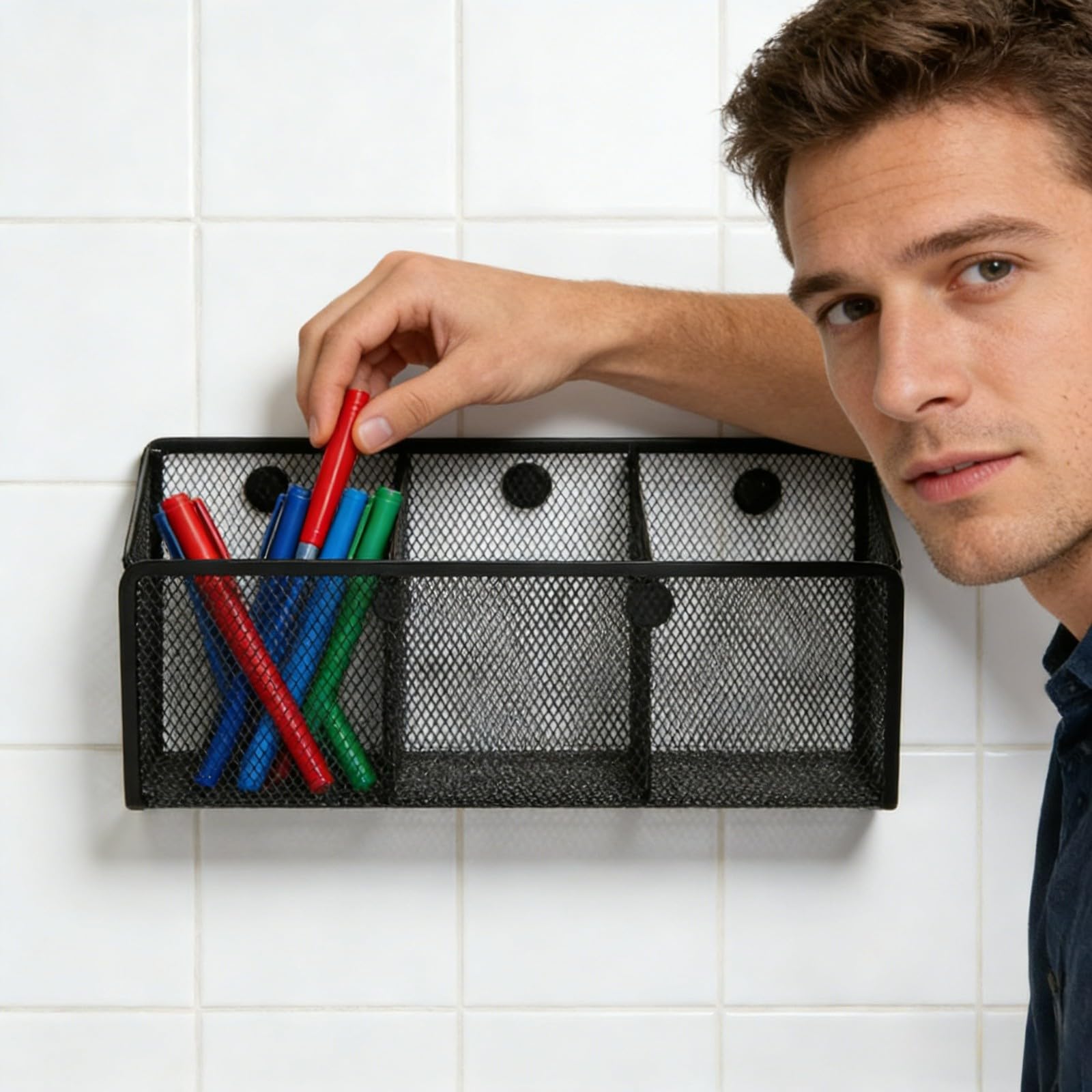 Portapenne magnetico, portapenne in metallo, cestino portaoggetti magnetico, organizer per armadietti, porta pennarelli per lavagna bianca, organizer per frigorifero con design a rete