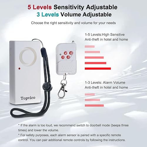 Miniatura 5 de Topvico Alarma de vibración activada para manija de puerta, alarma portátil de viaje de hotel, seguridad inalámbrica para el hogar de 130 dB para