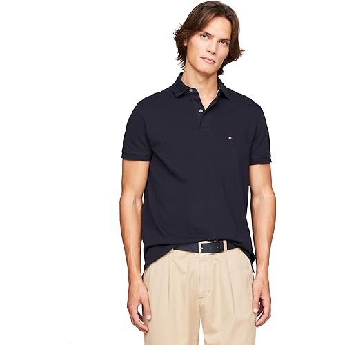 Tommy Hilfiger Men's Short Sleeve Polo Shirts in Slim Fit with Stretch and Organic Pique Cotton