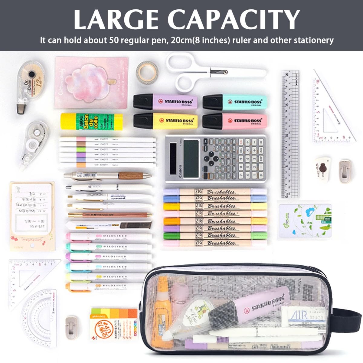 Clear Pencil Case for Exams Large Capacity Transparent Mesh Pencil Case with 2 Compartments Zipper - Image 4