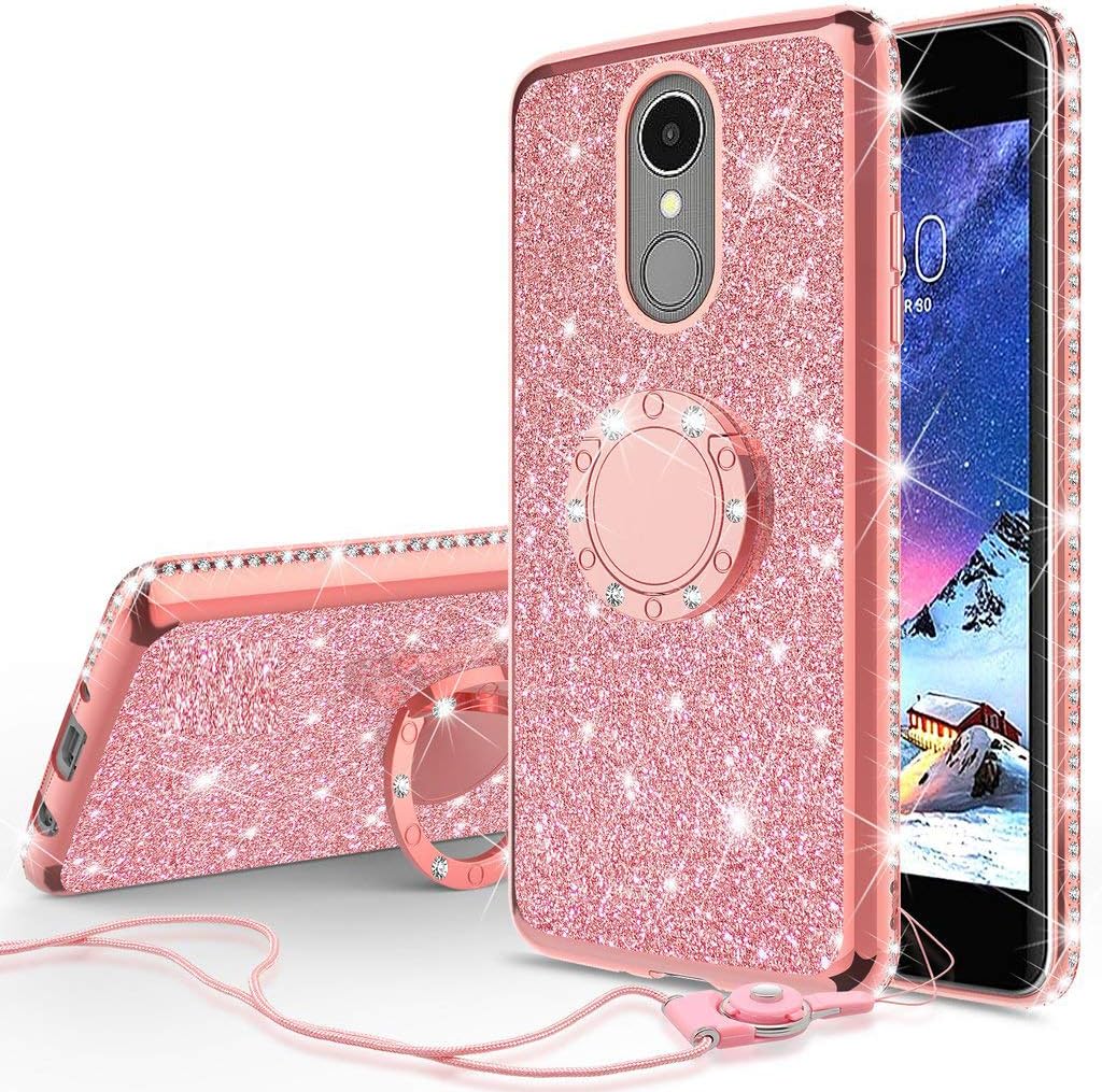 LG Stylo 4 Case, LG Stylo 4 Plus Case, LG Q Stylus Case, SOGA Glitter Diamond Rhinestone TPU Phone Cover with Ring Stand and Lanyard Girls Women Cover (Rose Gold)