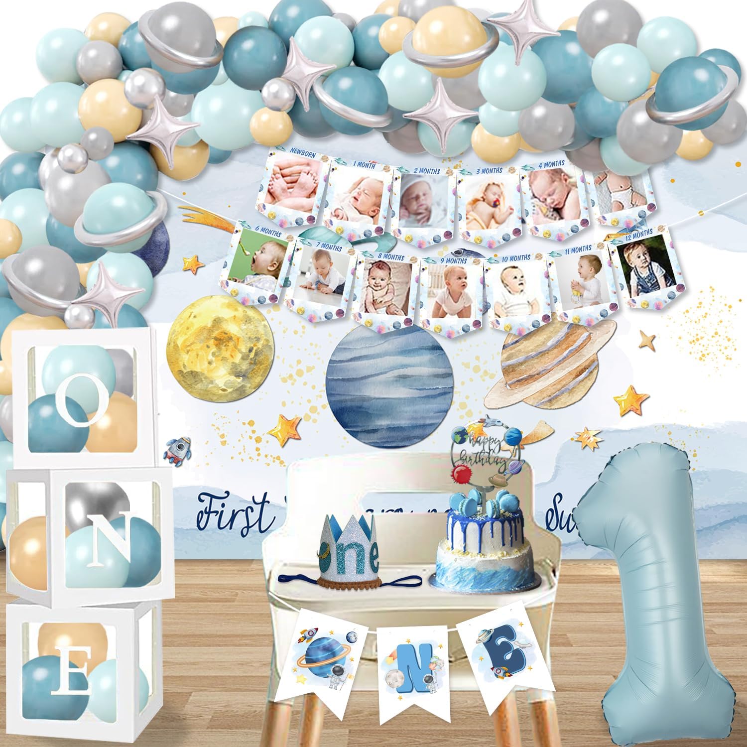 First Trip Around The Sun Birthday Decorations for Boy 1st Birthday Party Supplies,Space Theme Boy Party Decorations-One Balloon Boxes,High Chair Banner,Backdrop,Balloons