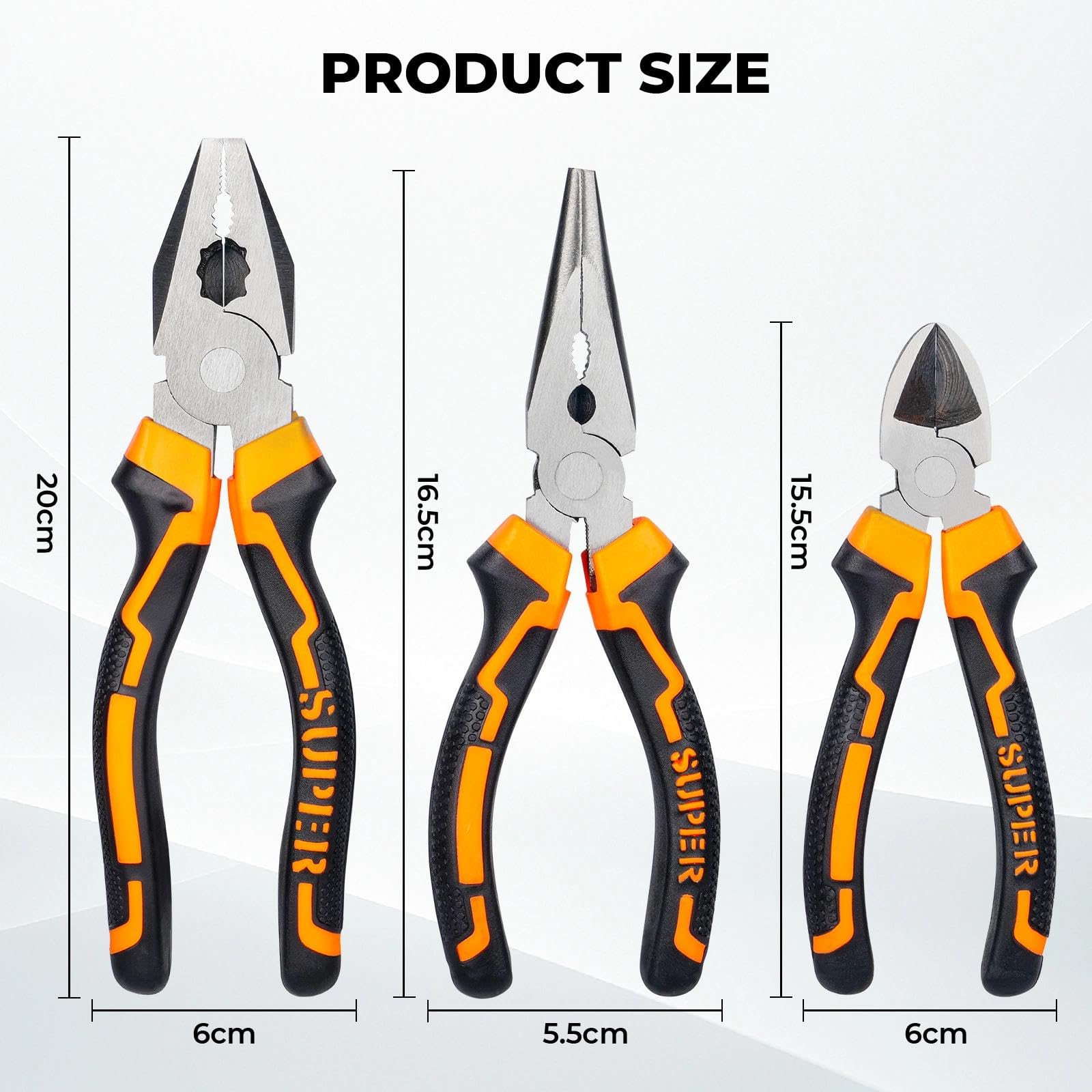 3 Pezzi Pinza Elettricista, Pinze Elettricista con Maniglia Ergonomico, Pinza a Becco Lungo, Taglio Diagonale, Pinze da Elettricista Universale, Kit Pinze per Riparazioni Domestiche