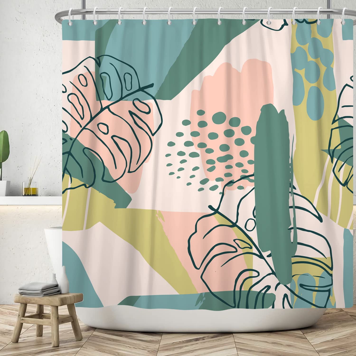 Ttincceer 180x200cm Abstract Tropical Plant Shower Curtain Polyester Line Monstera Pink Green Ink Bathroom Curtain Jungle Botannical Shower Curtains Waterproof Bathtub Curtain — image 1