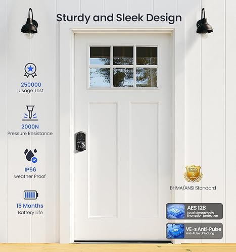 Miniatura 5 de Veise VE018 - Cerradura inteligente con manija de perilla, huella digital, control de aplicación, entrada sin llave para puerta delantera y