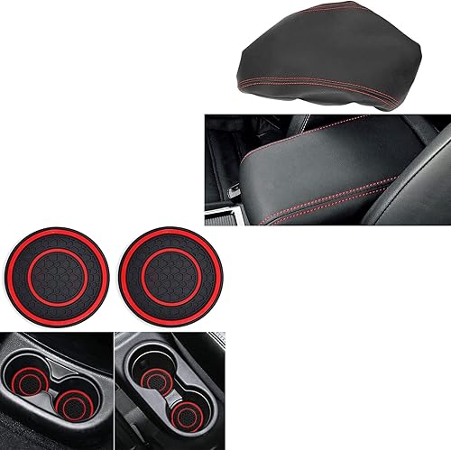 Auprite Funda de consola central para Mazda CX5 2018-2022 negro con costuras rojas paquete de 2 posavasos de 275 pulgadas de diámetro universal
