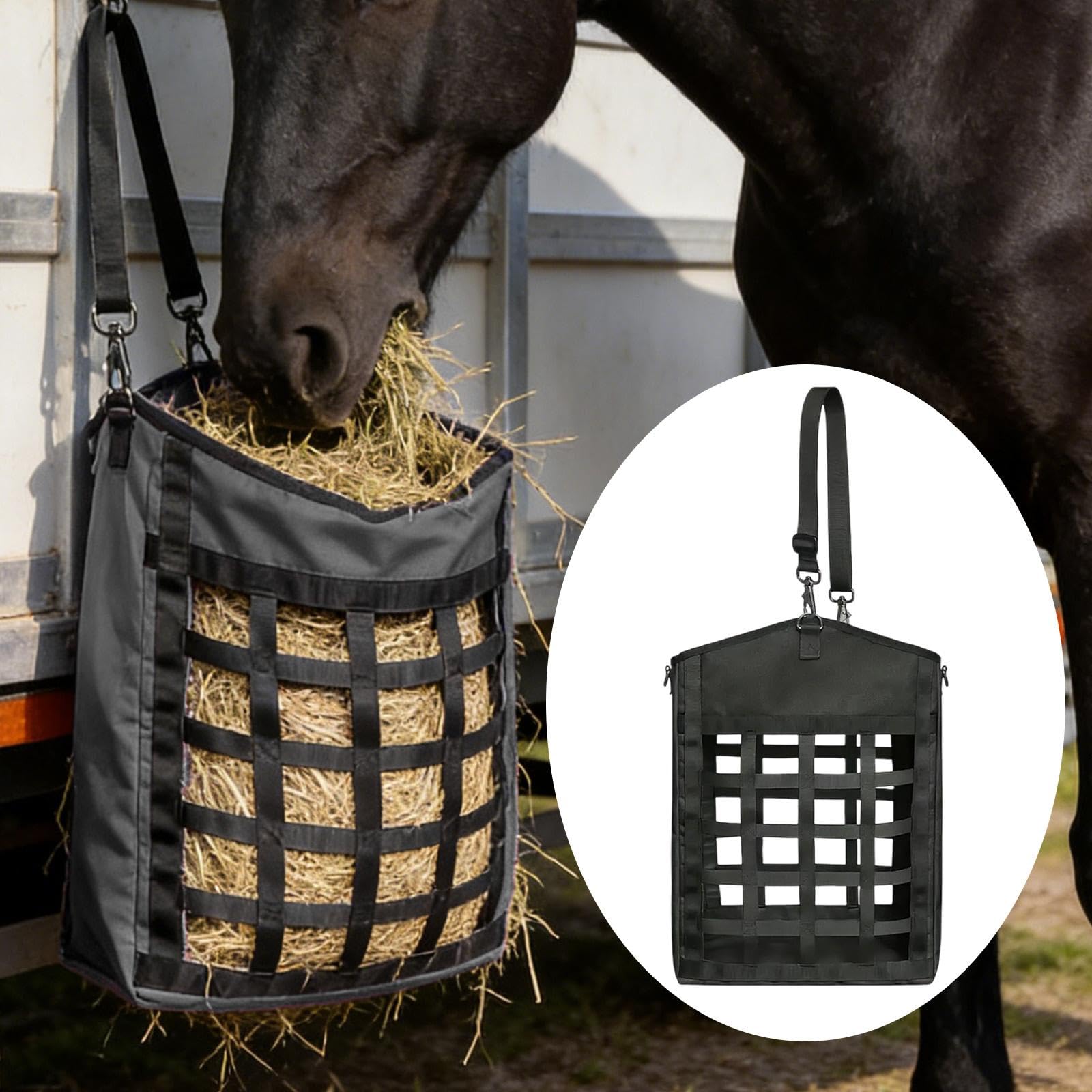 Heunetz für Pferde, Nylon Heusack mit Großer Öffnung Und Faltbarem Design für Den Transport von Tieren Im Stall, bei The P, Schwarz