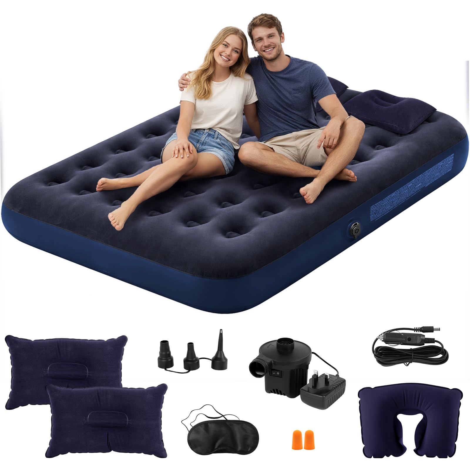 XJGQZ King Size Camping Air Mattress Bed with Air Pump, Waterproof Blow Up Bed with Pillow/Eye Mask/Earplug, Quick Inflatable Travel Sleeping Bed Portable for Home & Hiking, 2-Person, 200x153x22cm