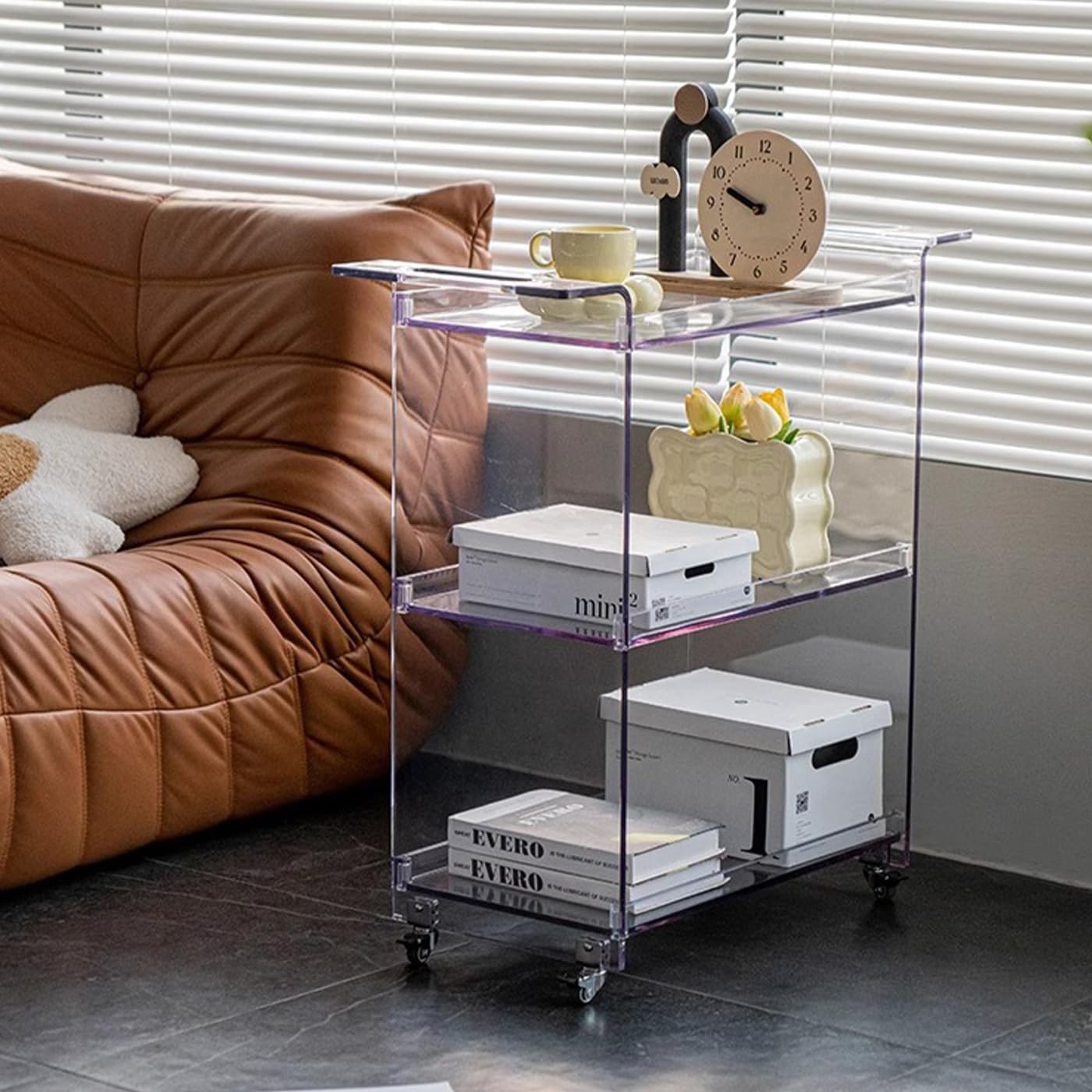 Gdrasuya10 Clear Acrylic Bar Cart Serving Cart with Wheels, 3 Tier Acrylic Utility Rolling Cart End Table Side Table Rolling Serving Cart Snack Table for Living Room Balcony Party