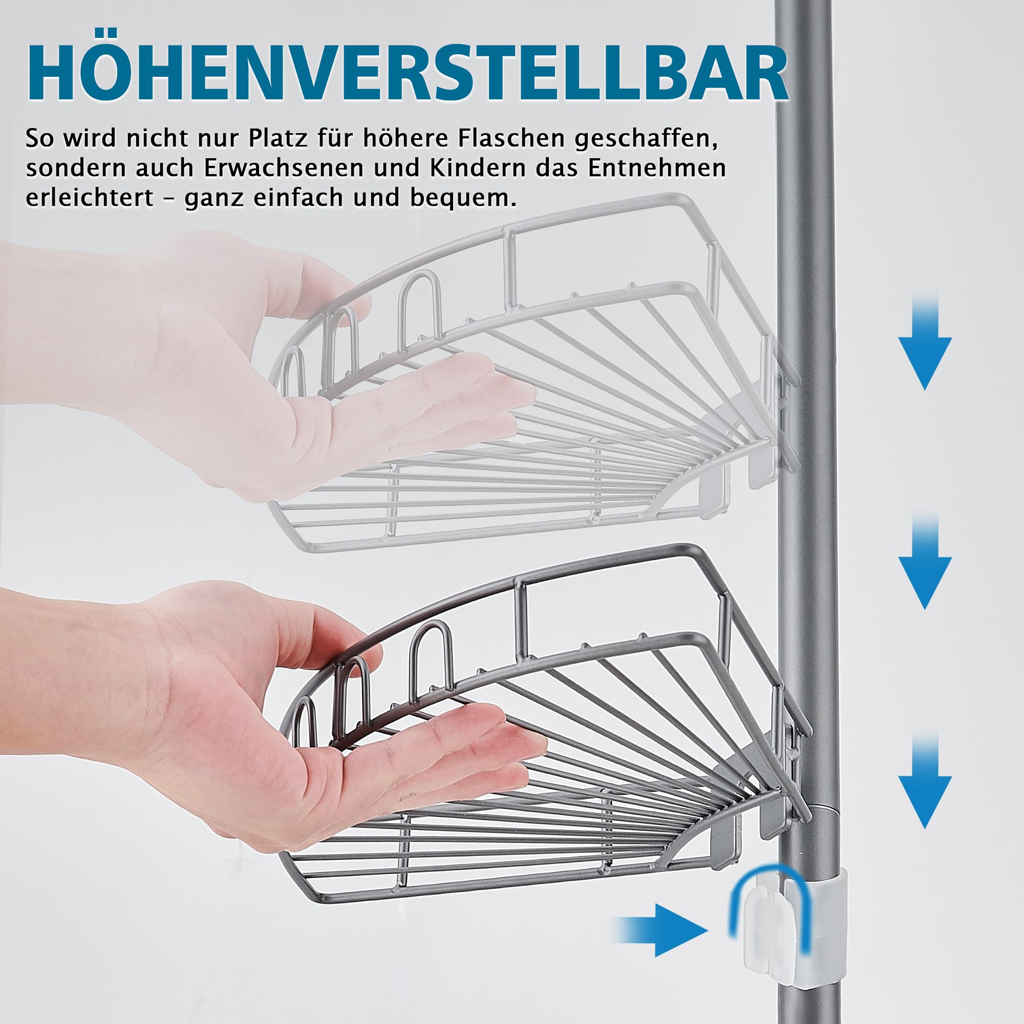 Duschablage ohne Bohren Edelstahl Teleskop Duschregal Duschgel Halterung Eckregal Bad mit 4 Körben, 85-325cm, für Badewanne Badezimmer Dusche und Küche, Grau
