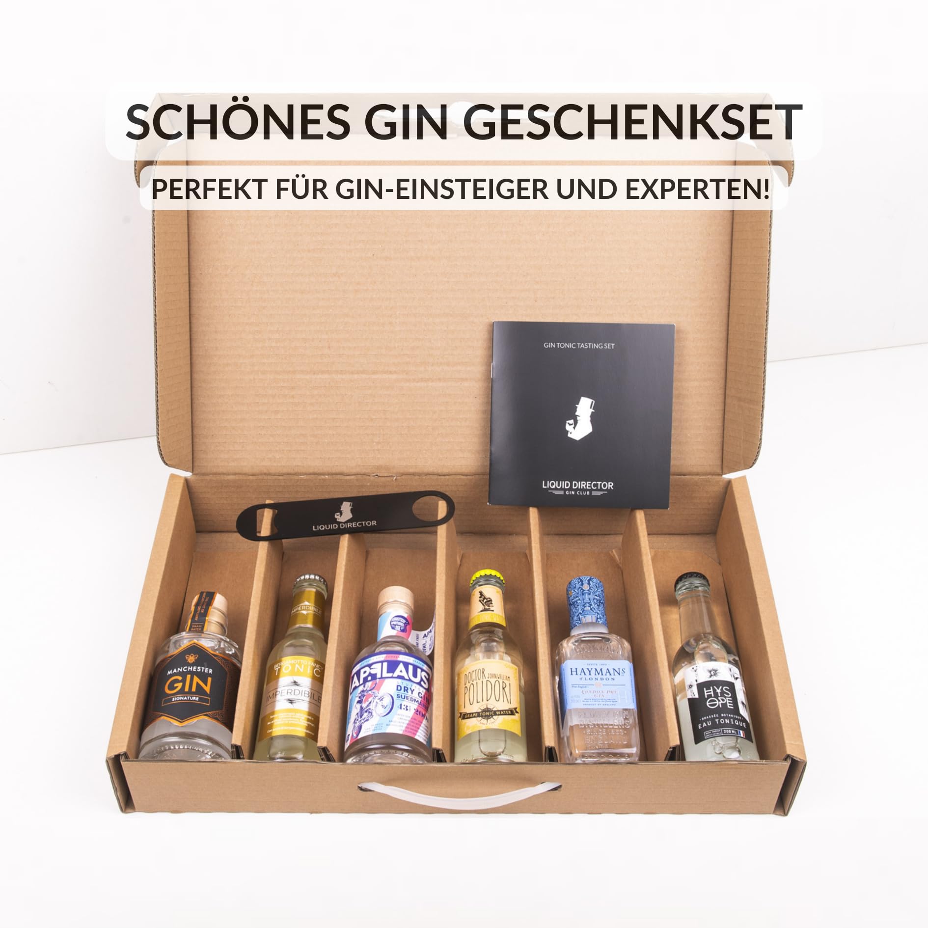 Gin Tonic Tasting Set von LIQUID DIRECTOR | Geschenk mit 3x 200ml Premium Gin, 3 x Tonic Water, Bar-Tool und Booklet | Probierset | Schönes Geschenkset | Tasting für bis zu 5 Personen