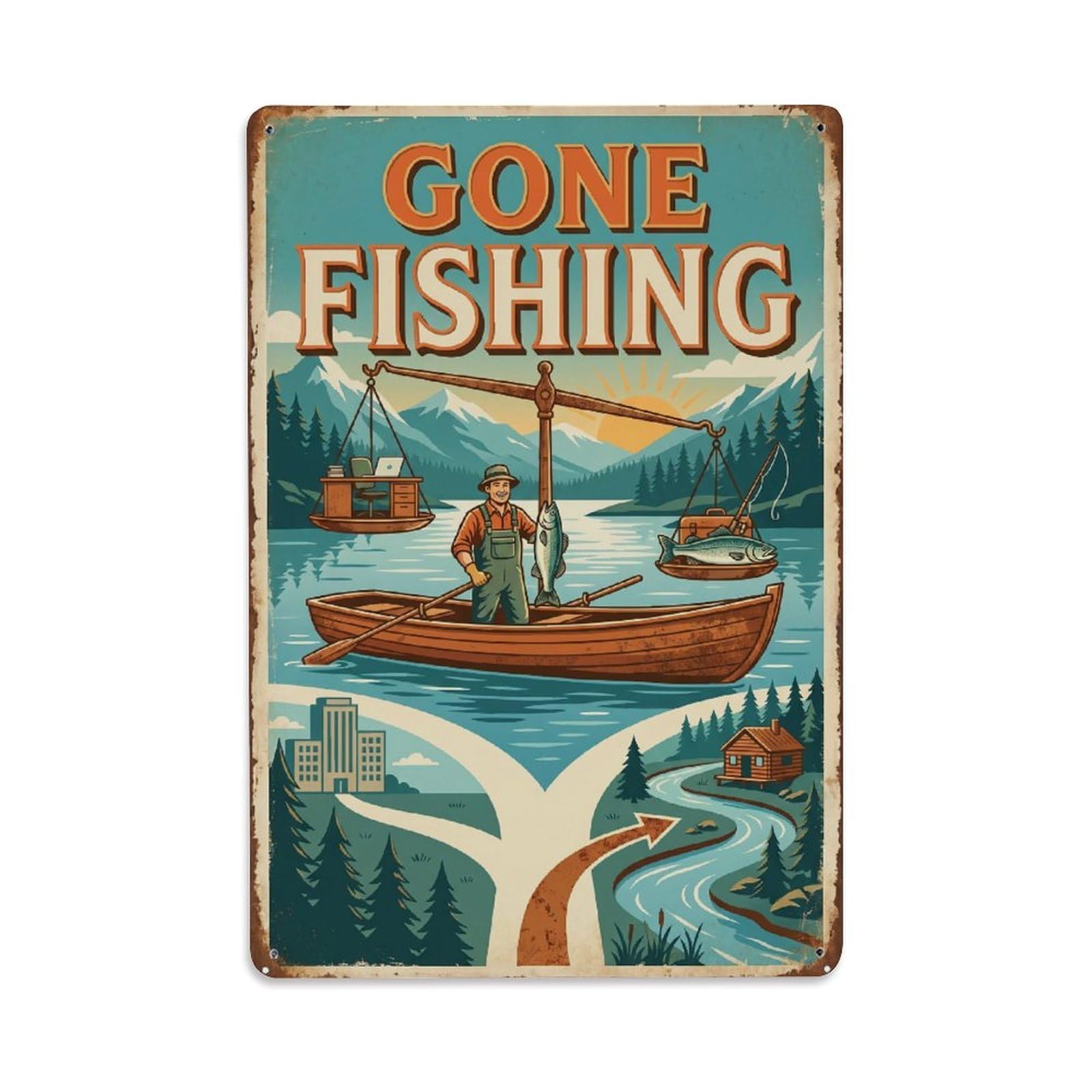 Gone Fishing Lifestyle Choice Vintage Metal Tin Sign Plaque Wall Decor for Cafe, Club, Garden Metal Poster 8x12Inch
