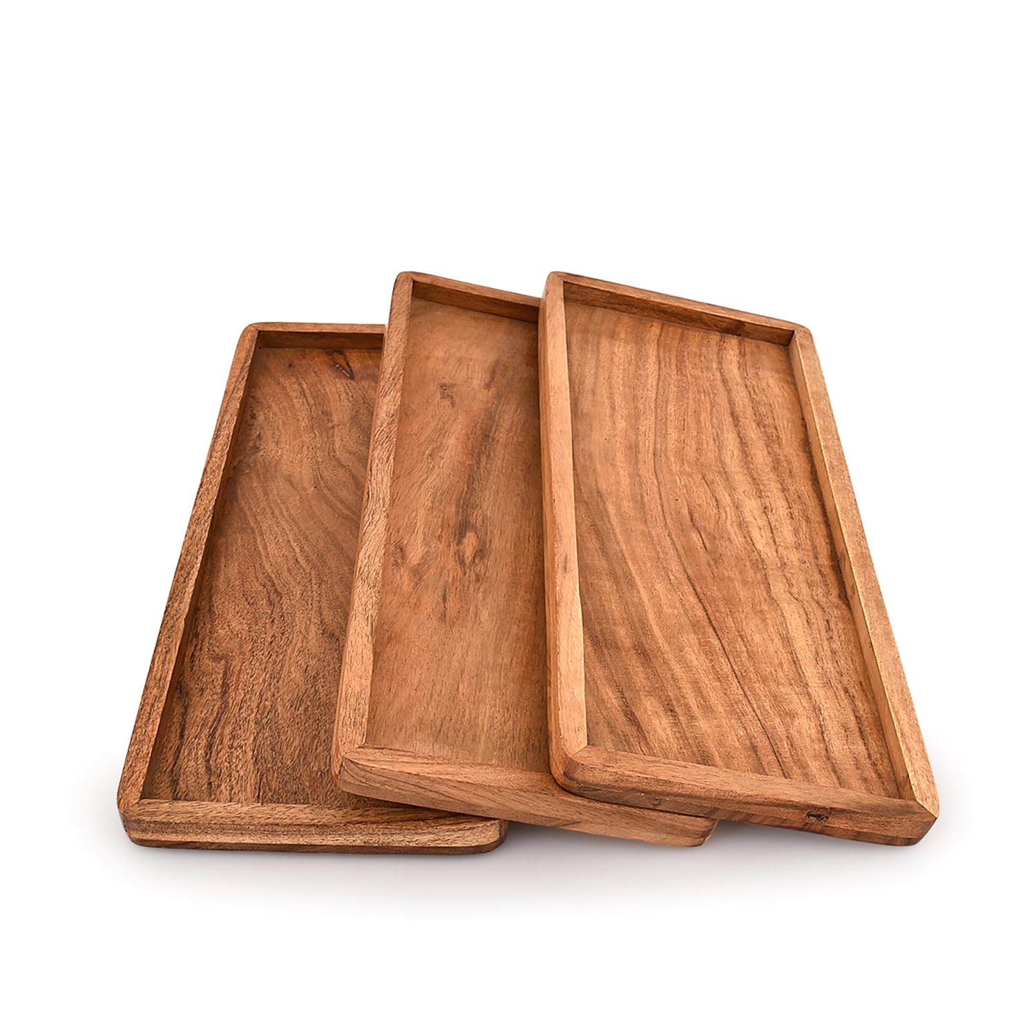 Mahasu Platter Acacia Wood Serving Platter with Raised Edge -Set of 3 for Home Decor, Food, Vegetables, Fruit, Charcuterie (Set of 3) (14" X 6" X 0.75")