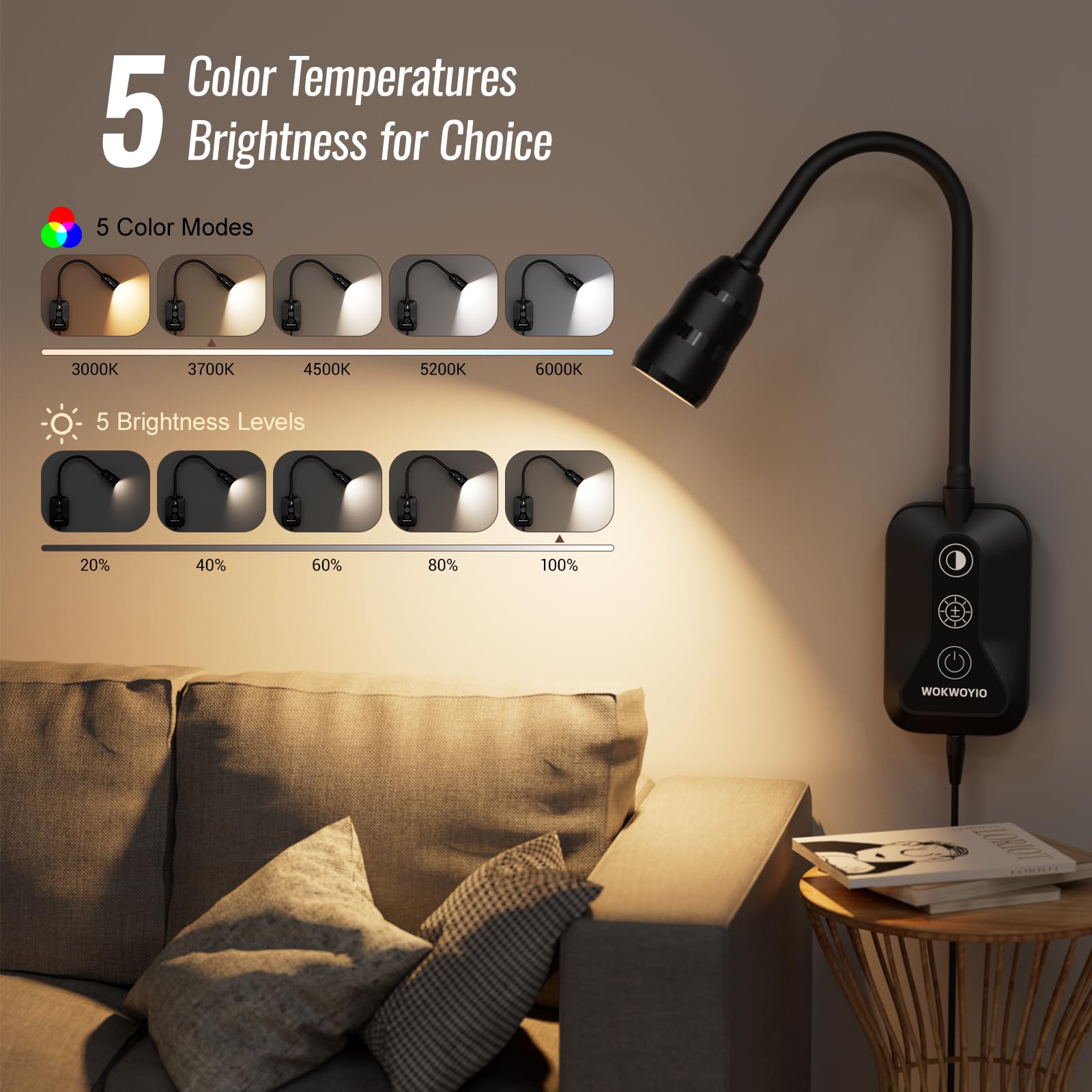 Wandmontierte Leselampe für Bett, Kopfteilleuchte mit 360° flexiblem Arm, Handwellensensor, fokussierter 60°-Strahl, 5 Farbtemperaturen, stufenloses Dimmen, Speicherfunktion, USB-C-Ausgang, Schwarz, 2