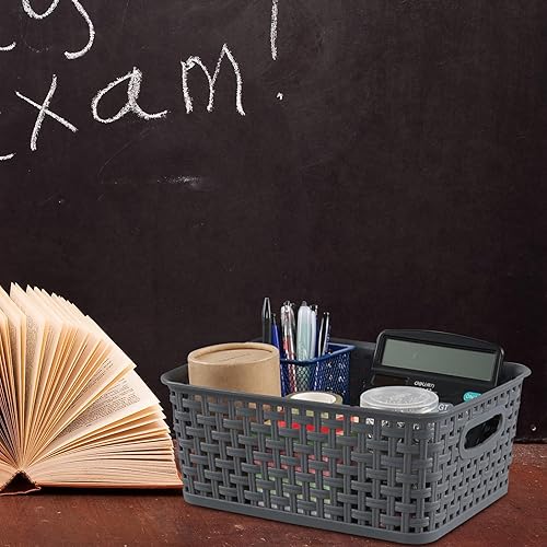 Miniatura 4 de Paquete de 6 cestas de almacenamiento tejidas de plástico, cestas pequeñas, color gris oscuro