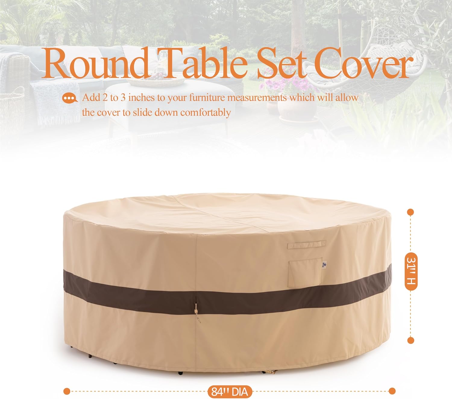 WJ-X3 Round Patio Furniture Cover, 84" D x 31" H, Waterproof, UV Resistant, Anti-Fading Outdoor Cover for Round Dining Table and Chairs Set, Beige & Coffee