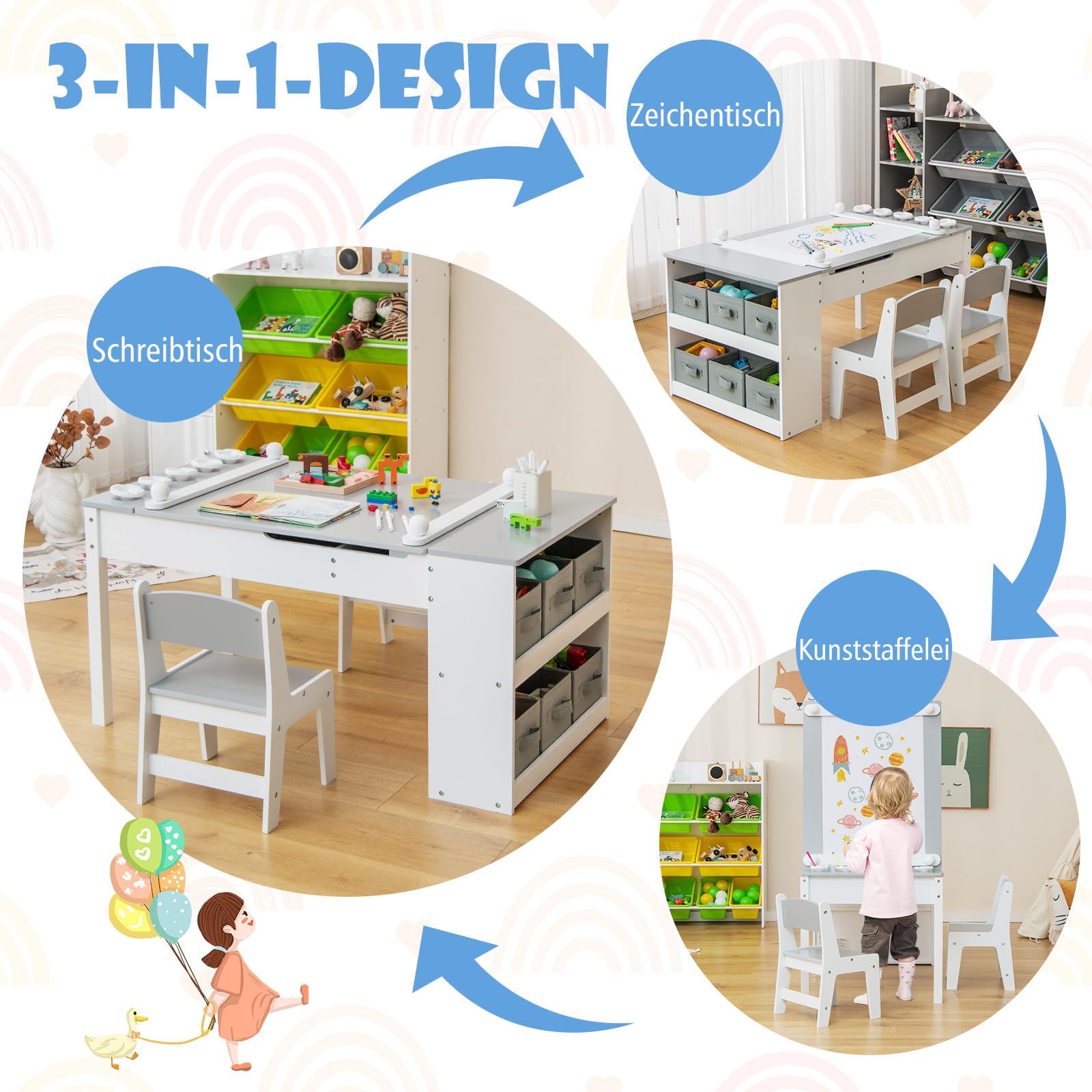 COSTWAY Kindertafel met 2 stoelen, 3-in-1 activiteitstafel en schildersezel van hout met optilbaar tafelblad met gekleurde bekers, 6 stoffen containers en papierrol, kinderzitgroep voor vanaf 3 jaar