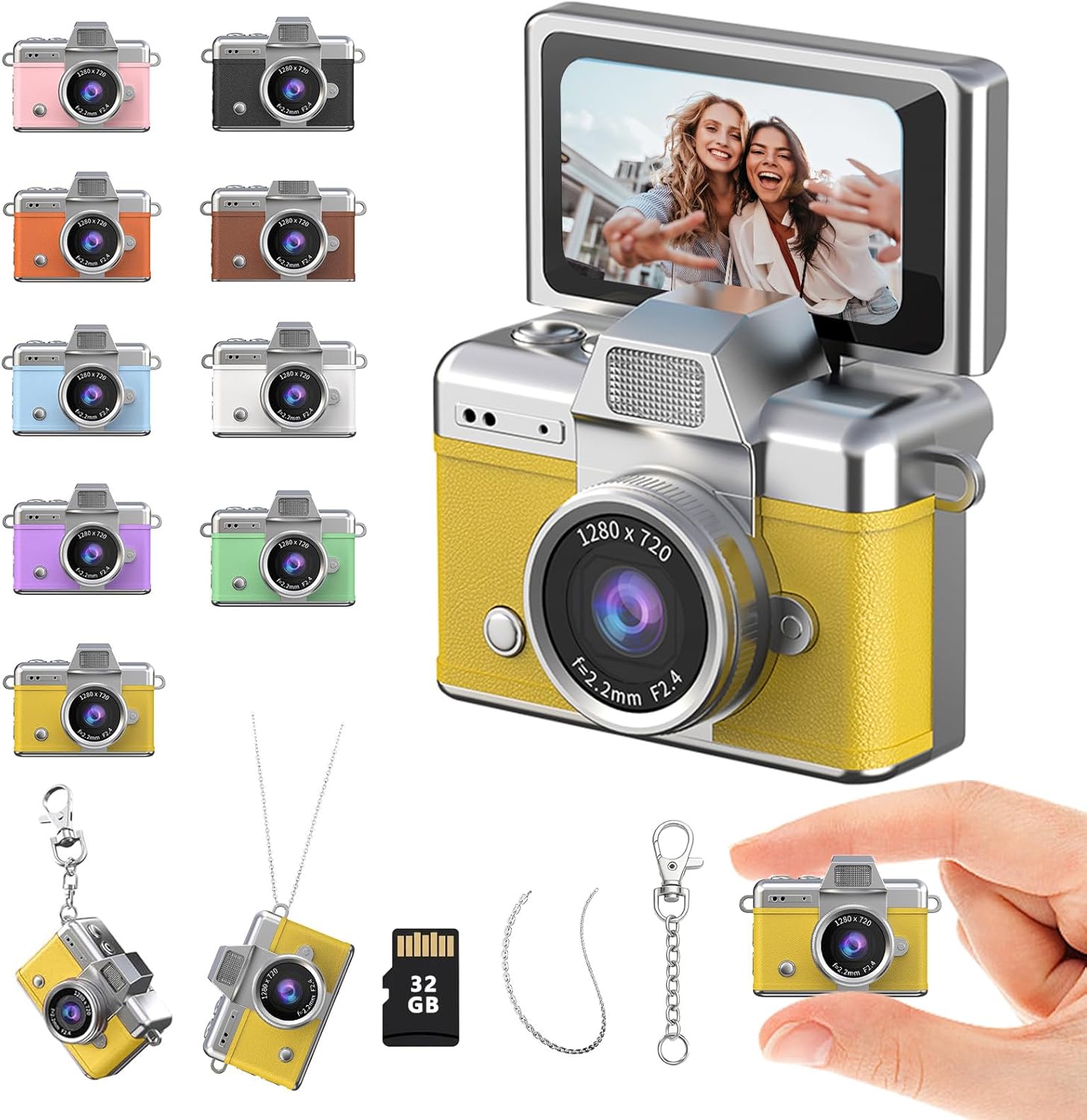 Viral AI Mini Keychain Camera - Global Tech Trend 2026 Retro Y2K Digital Camera with 32GB Card, 1080P Video Recorder for Travel/Vlog, Gift for Teens Adults Photography Beginners (Yellow)