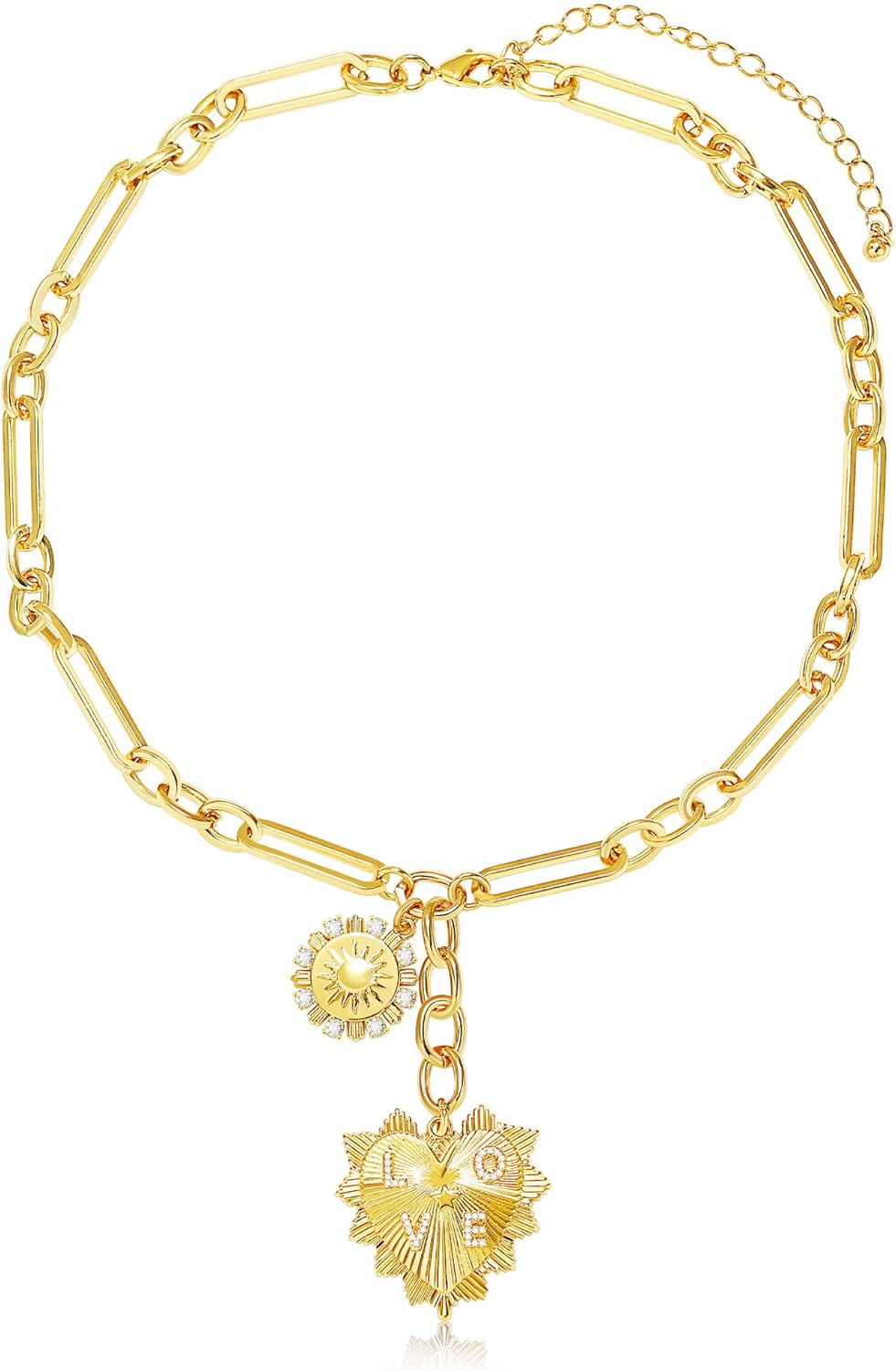 Chunky Gold Necklace for Women, 18K Waterproof Heart Necklace Statement Necklace Gold Charm Necklace Chunky Jewelry Paperclip Chain Choker Gift for Women