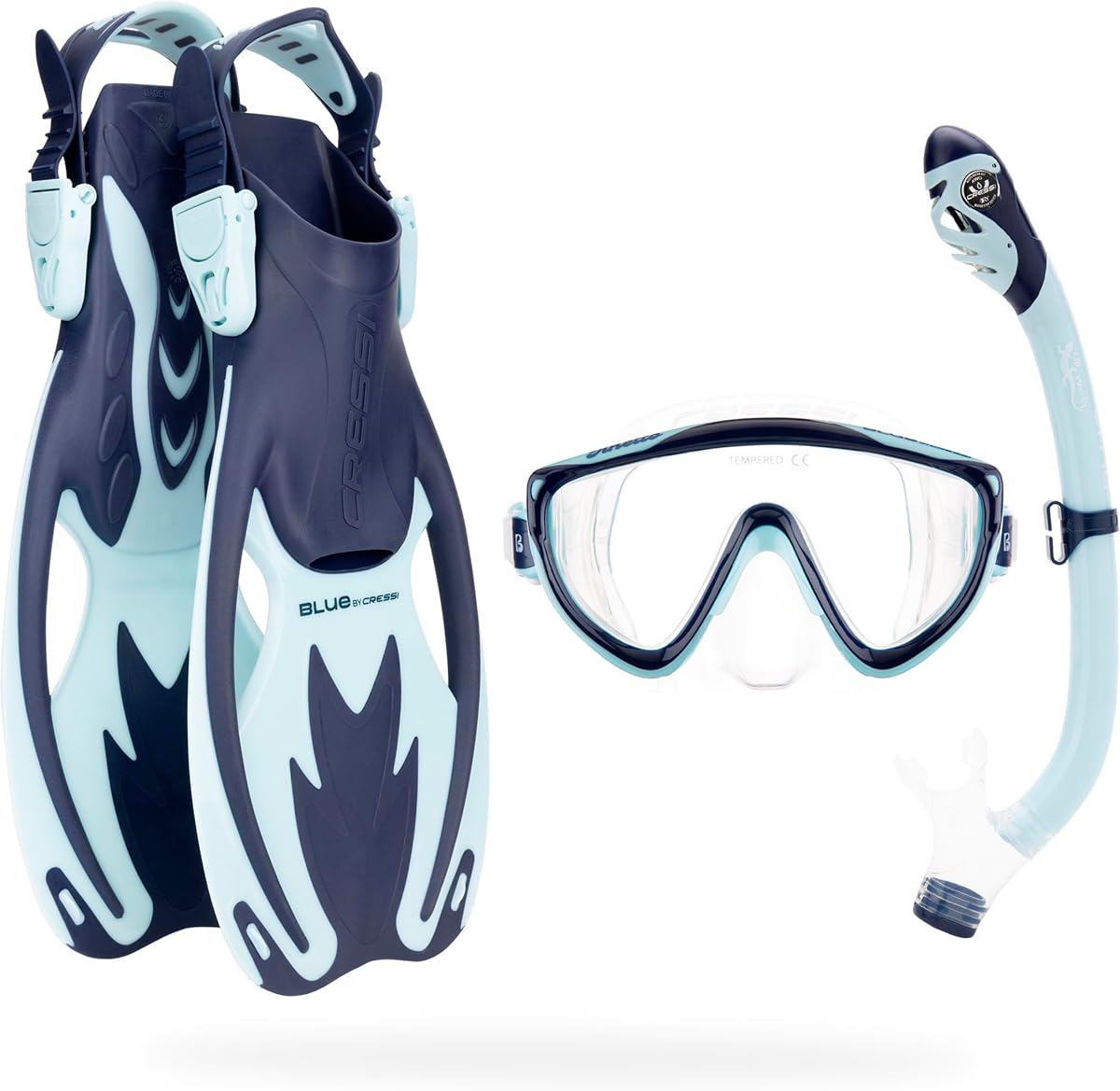 Cressi Juego de snorkel para niños: aletas cortas ajustables, máscara de silicona y snorkel seco, juego seco Tinetto Rocks, diseñado en Italia