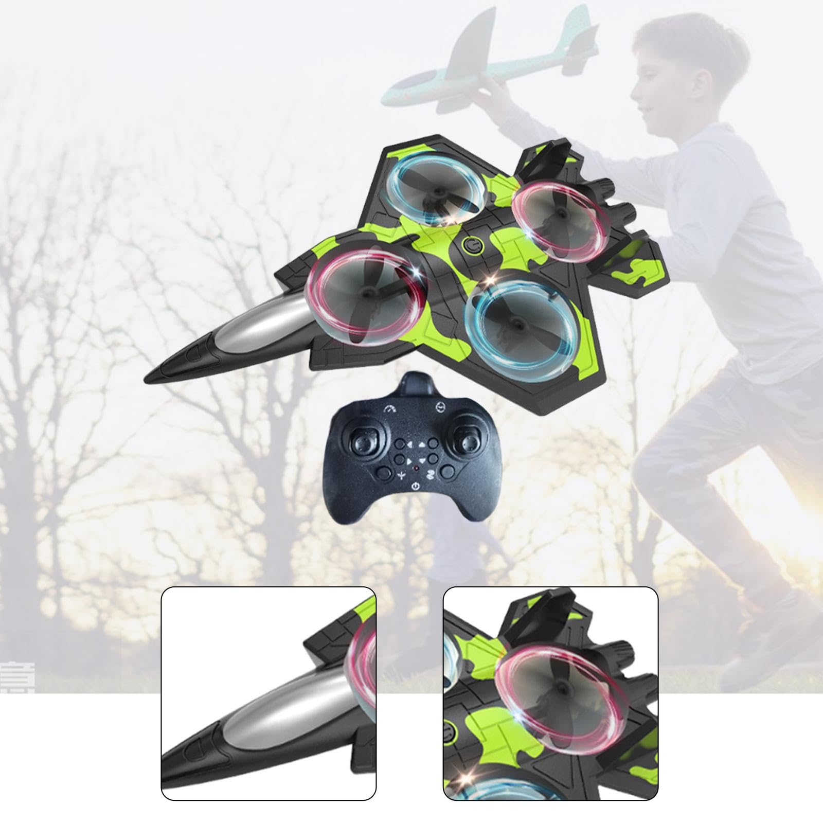 Qianly Avión Teledirigido RC con Diseño Estable Motor Cuádruple Mejorado Modelo de Planeador Acrobático de PP Ligero Luces LED Coloridas Adecuado para, Negro Y Verde