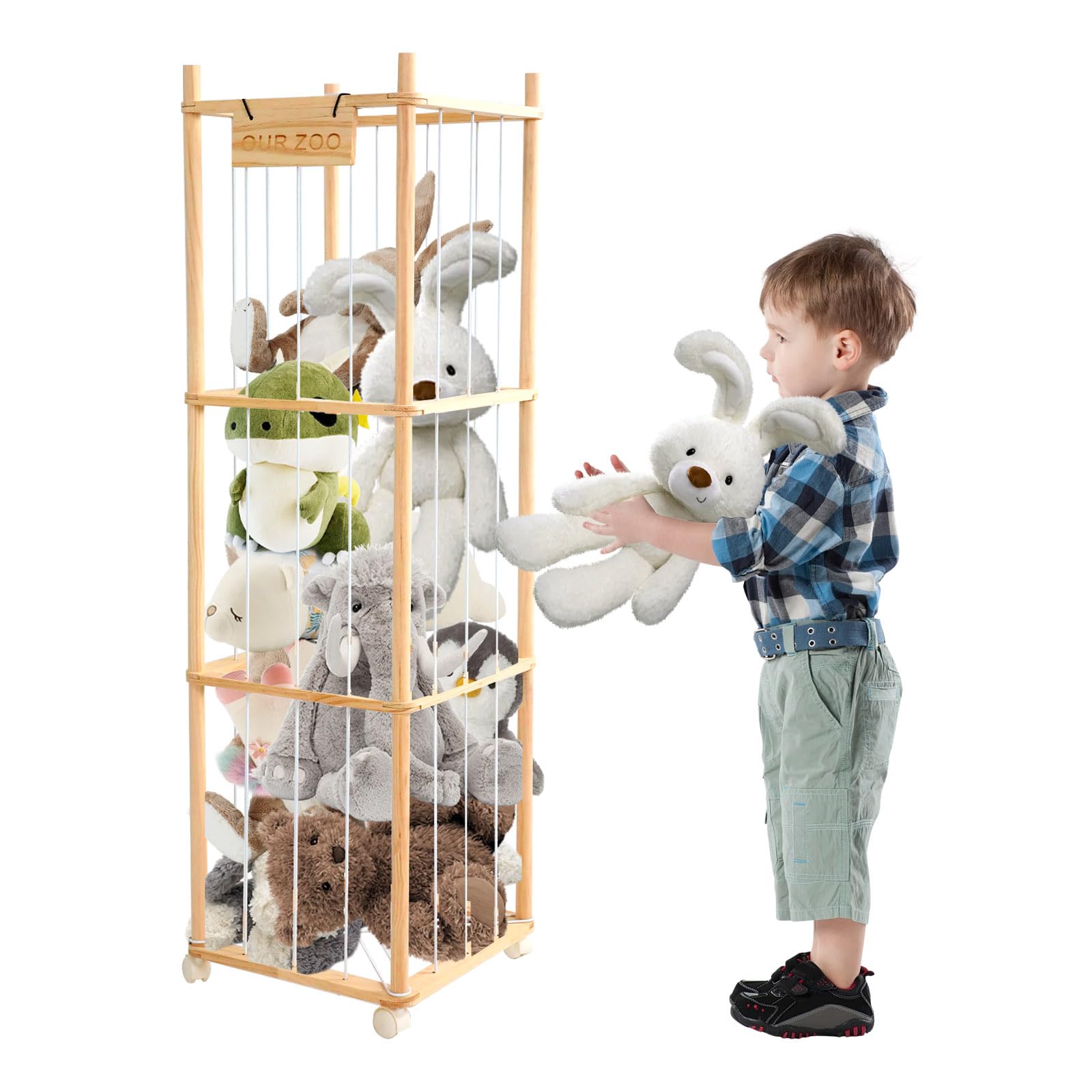 Contenitore per animali di peluche con ruote, grande scaffale in legno massello con 3 livelli e freni, per cameretta dei bambini e sala giochi