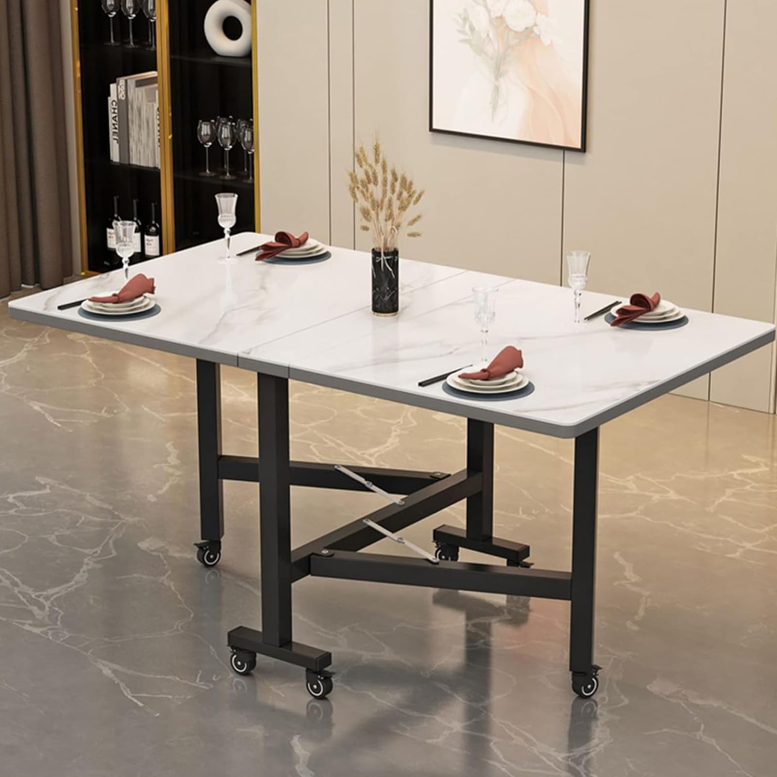 Table de salle à manger extensible avec 6 roulettes – Table de salle à manger en ardoise peu encombrante pour une utilisation polyvalente