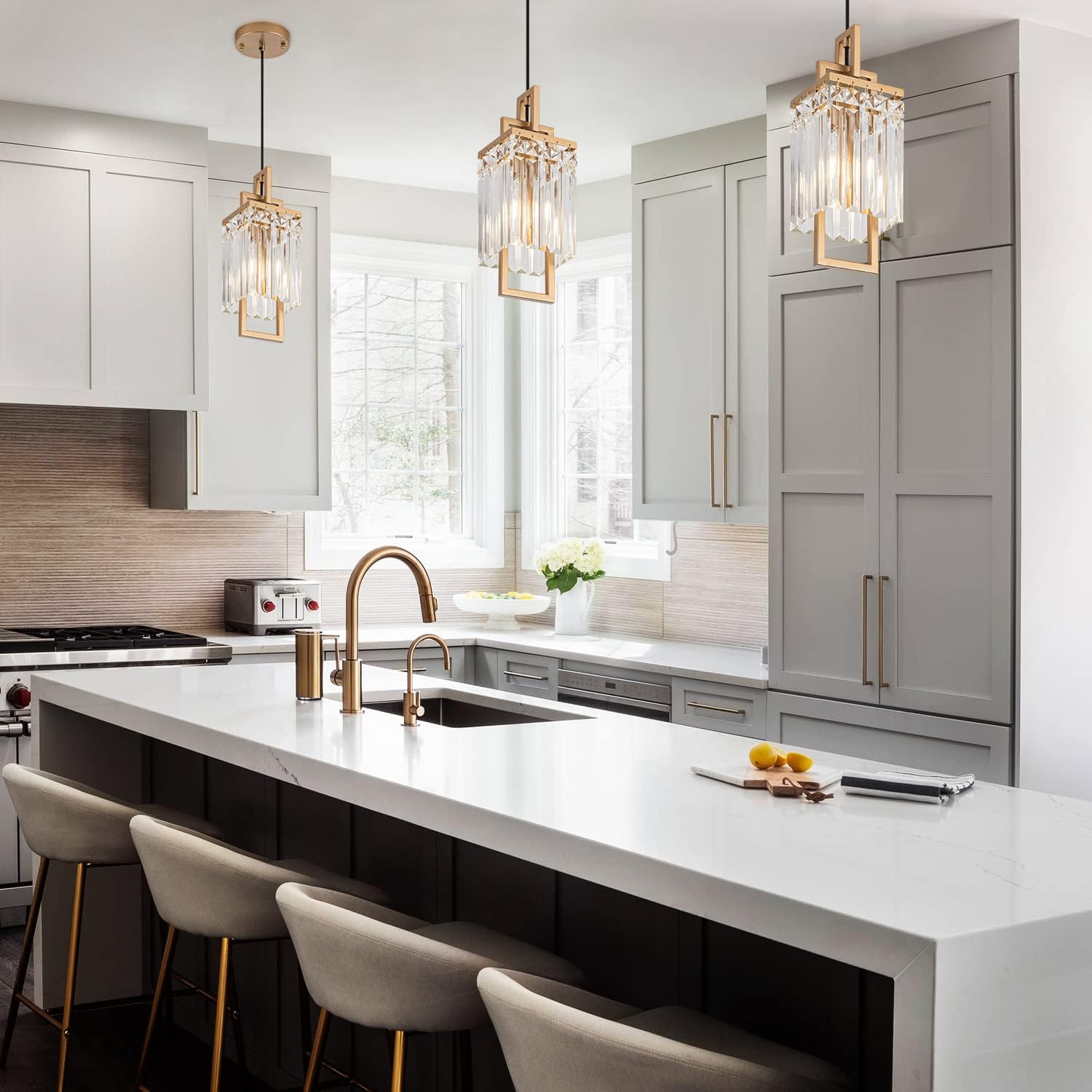 Modern Gold Pendant Light Fixtures for Kitchen Island and Dining Room, Industrial Small Hanging Crystal Chandelier Light Fixture for Bedroom Entryway Living Room Foyer Hallway 3-Pack