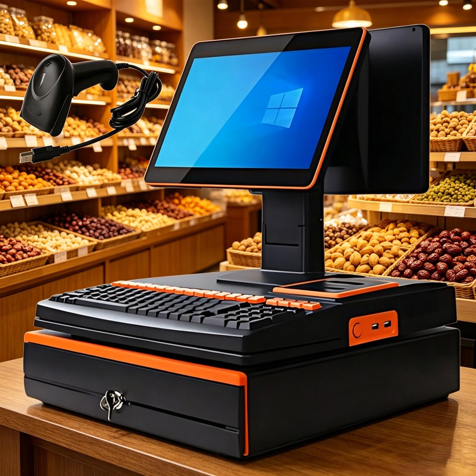 Pvxa Orange Smart Cash Register, All-In-One Cash Register With 15.6" Touch Screen Monitor, With Cpu I3, 4 Gb Ram, 64 Gb Ssd, Windows 10, For Retail And Restaurant Dualscreen