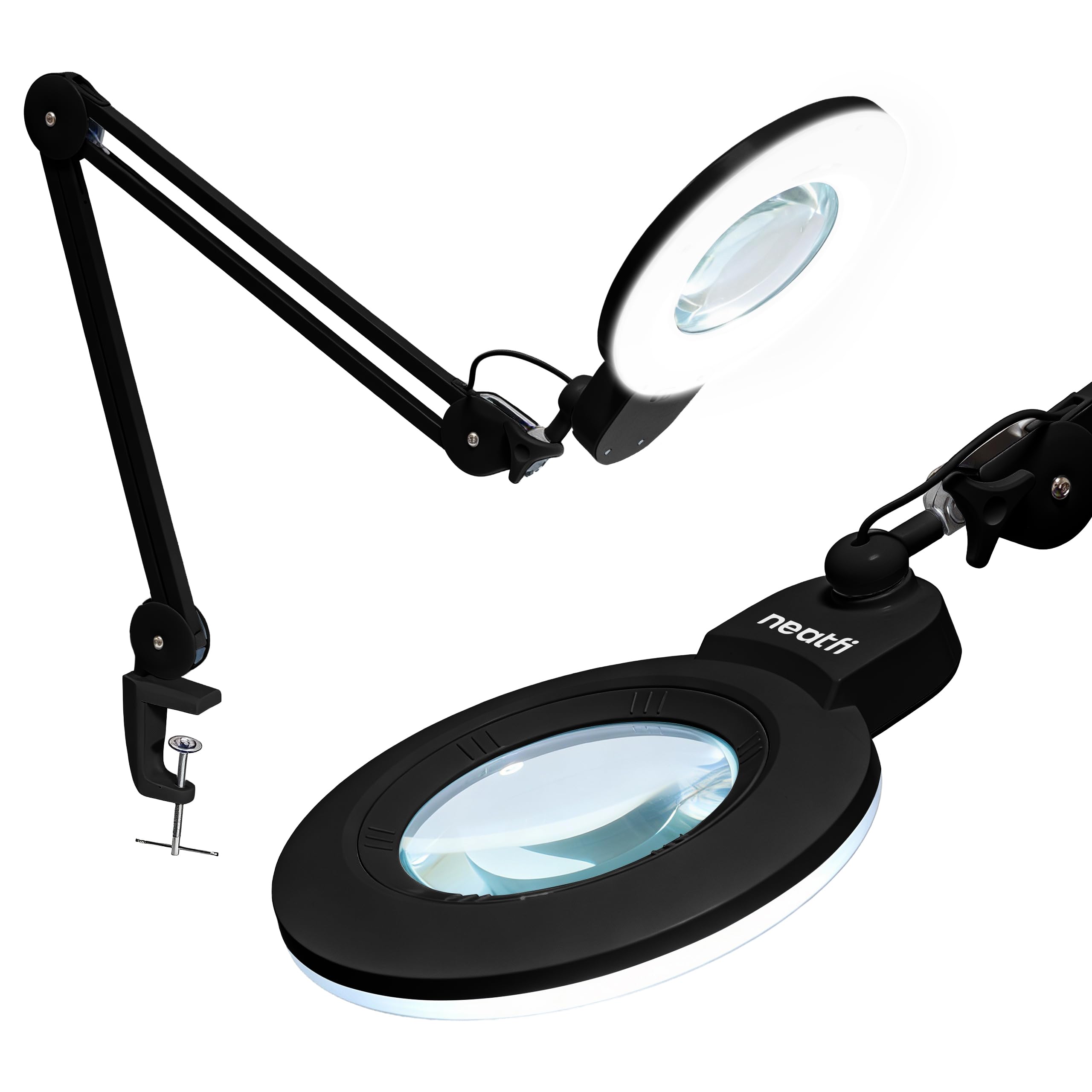 Neatfi XL Bifokale LED-Lupenleuchte, 2,25-fache/6-fache Vergrößerung, 1.600 Lumen dimmbar | freihändiges Arbeiten im Nahbereich | Für Basteln, Schmuckarbeiten & Lesen (Schwarz, 18 cm Linse)