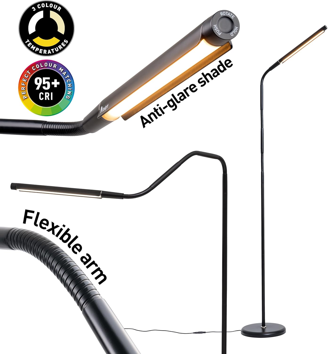 daylight Electra Floor Lamp showing flexible arm and anti-glare shade