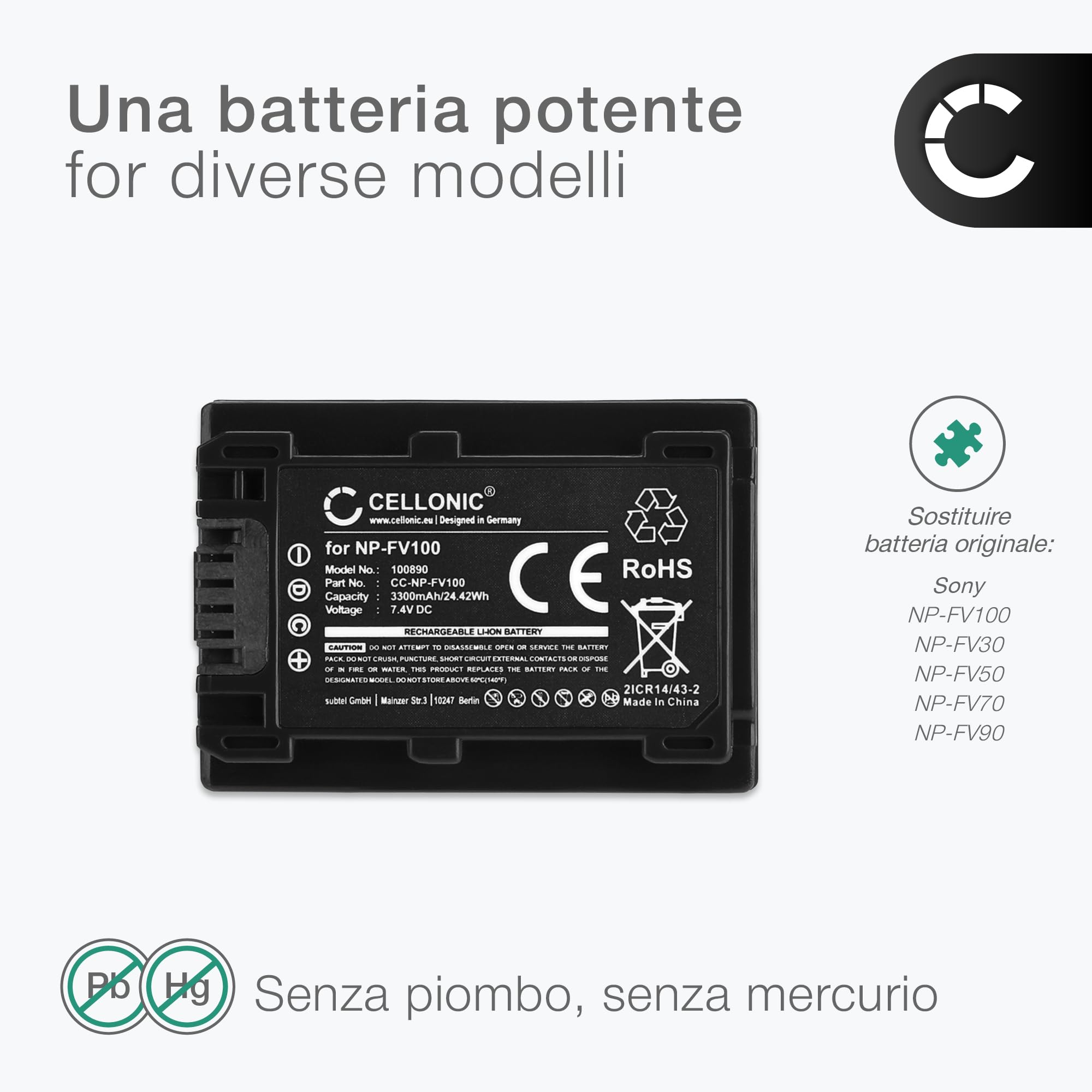 CELLONIC 1x Batteria per Fotocamera Compatibile con Sony FDR-AX33, HDR-CX250, HDR-CX270, NP-FV70 – (3300mAh, 7.4V)