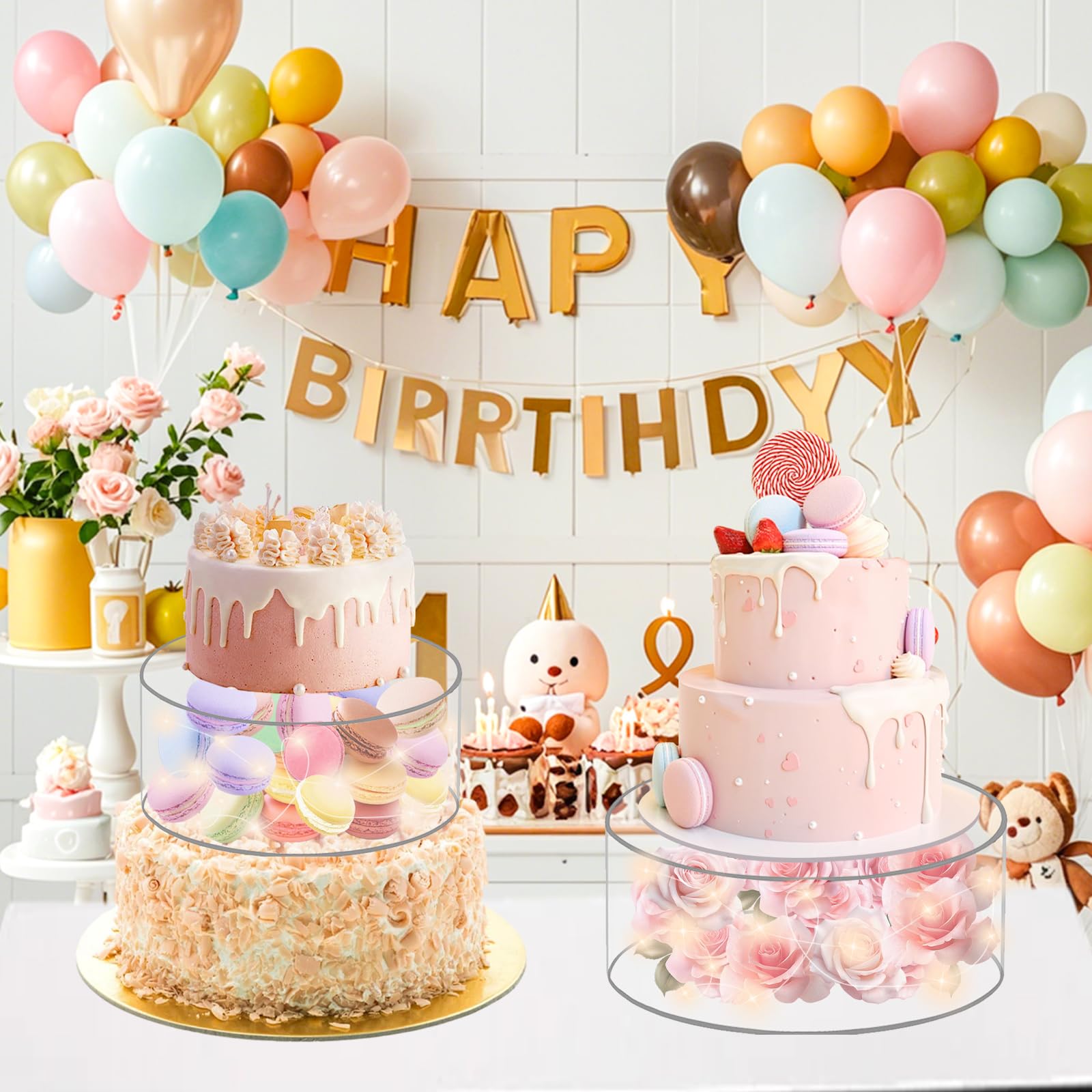 Soporte para tartas rellenable de acrílico, apilable, 3 unidades, caja de presentación de postres, decoración LED, transparente, para cumpleaños, bodas y fiestas (transparente con tapa)