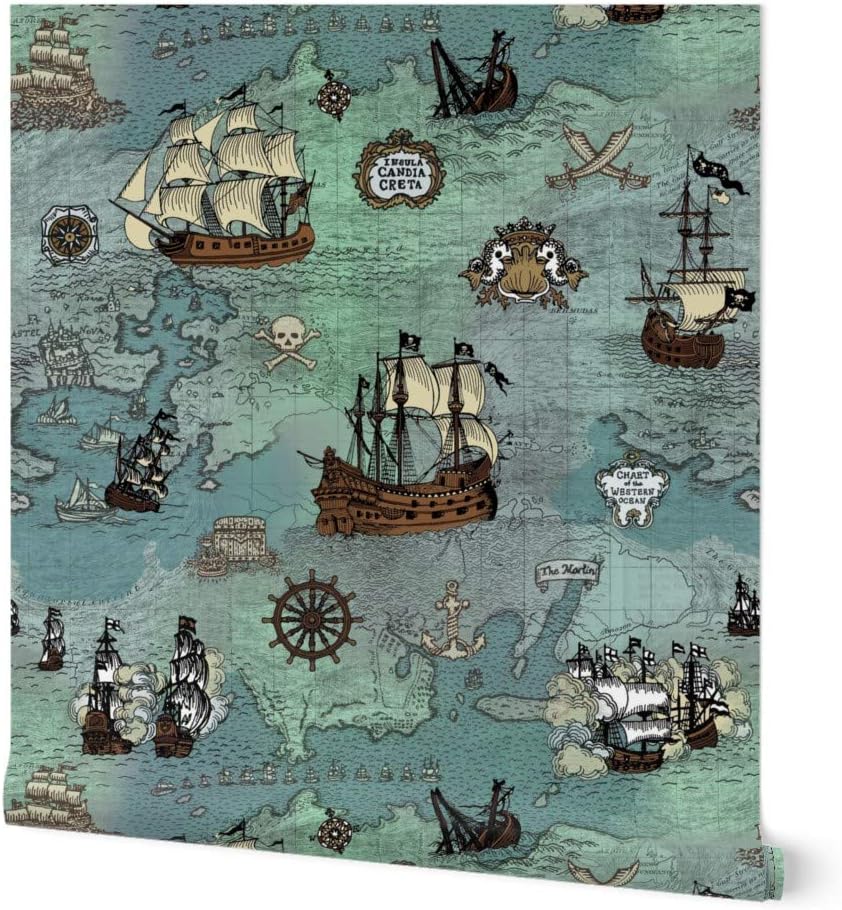 Peel & Stick Wallpaper 12ft x 2ft - Pirate, Map, Ships, Blue, Big, Ocean, Anchor, Sailor, Nautical, Sea Custom Removable Wallpaper by Spoonflower