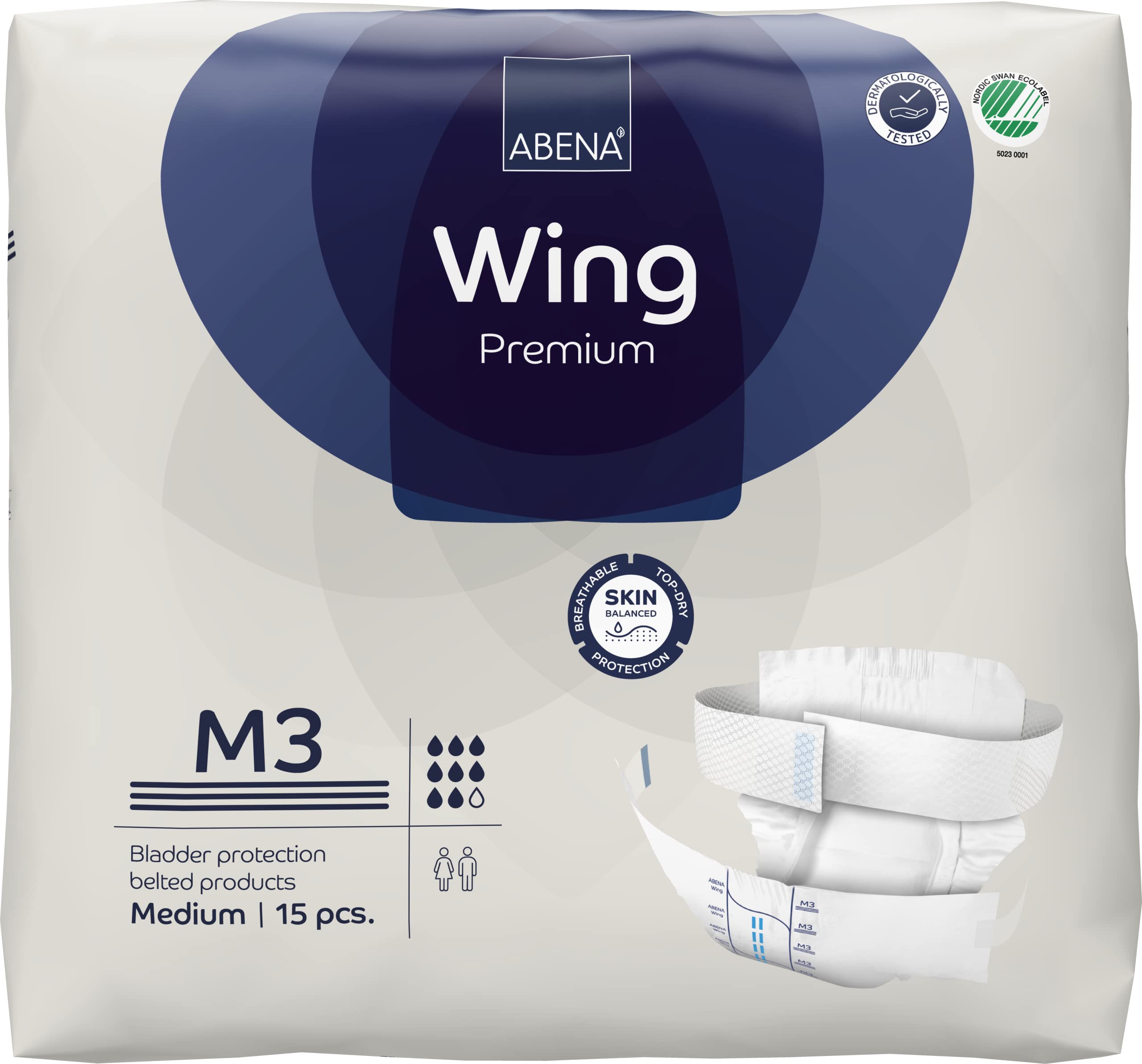 Abena Wing Premium M3, Pack of 15, 3000ml, Adult Belted Incontinence Pads for Men & Women, Fast Absorption, Discreet & Effective Shape, Breathable & Comfortable, For Moderate to Heavy Incontinence