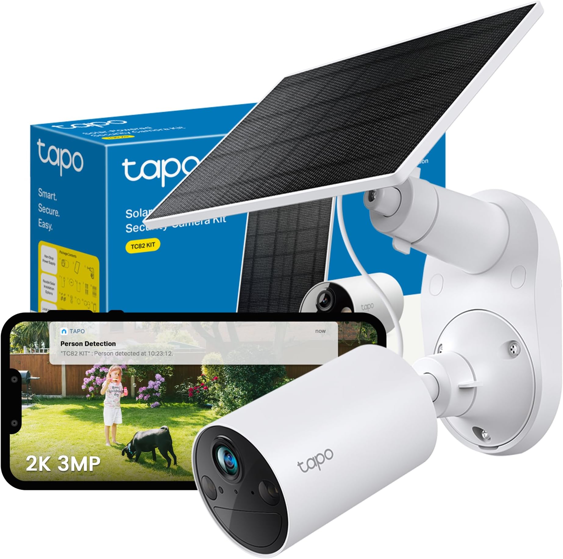 TC82 KIT 2K 3MP Battery Solar Security Camera Outdoor, Maintenance-free, Colour Night Vision, Outdoor Camera No Monthly Fee, Smart Person Detection, IP65, Works with Alexa & Google