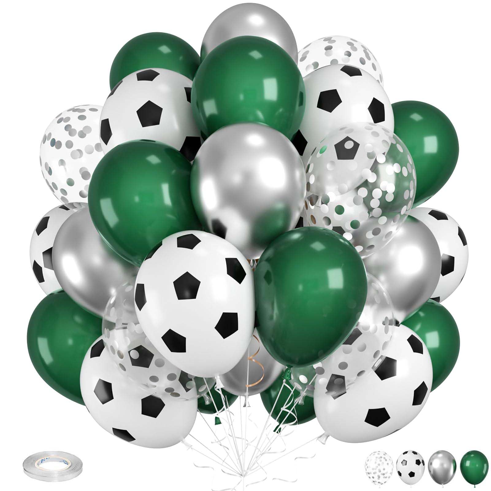 50PCS Green White Silver Latex Balloons,12 inch Soccer Balloons Party Decorations,Soccer Printed Balloons,Suitable for Boys Football Soccer Party