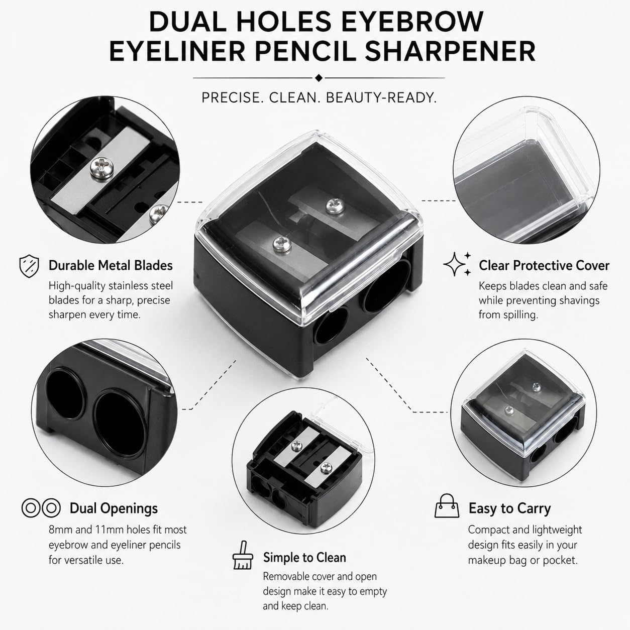 Dual Holes Eyebrow Eyeliner Pencil Sharpener, Makeup Cosmetic Tool with Cover, Travel-Friendly