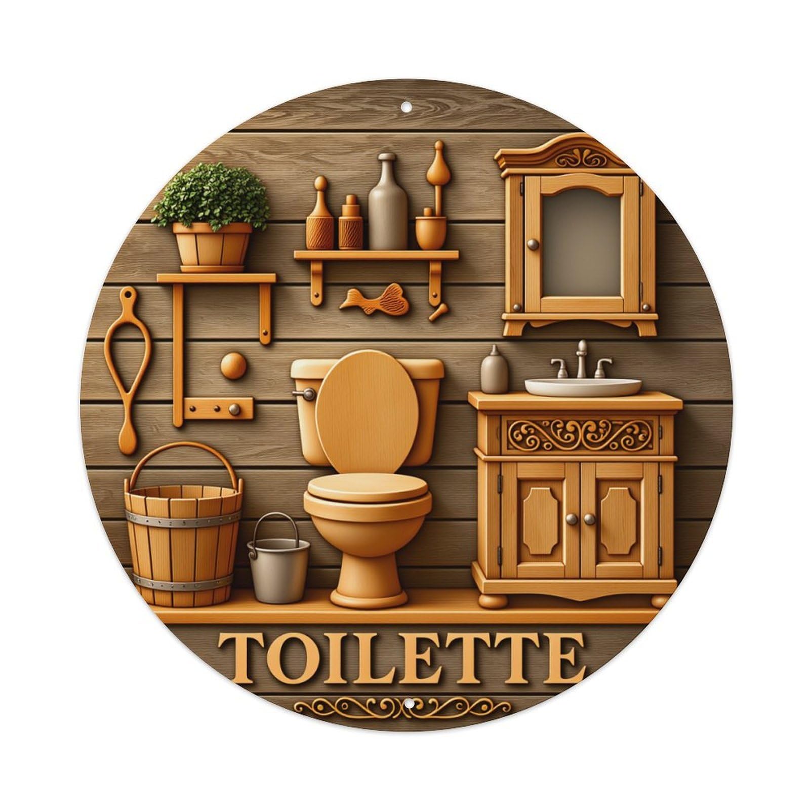 Jdfenggu Vintage Wooden Bathroom Decor Pattern Retro Metal Sign Round Tin Sign, Decor Art Poster For Bar, Home, Man Cave, Kitchen, Laundry Room Gift 8X8inch